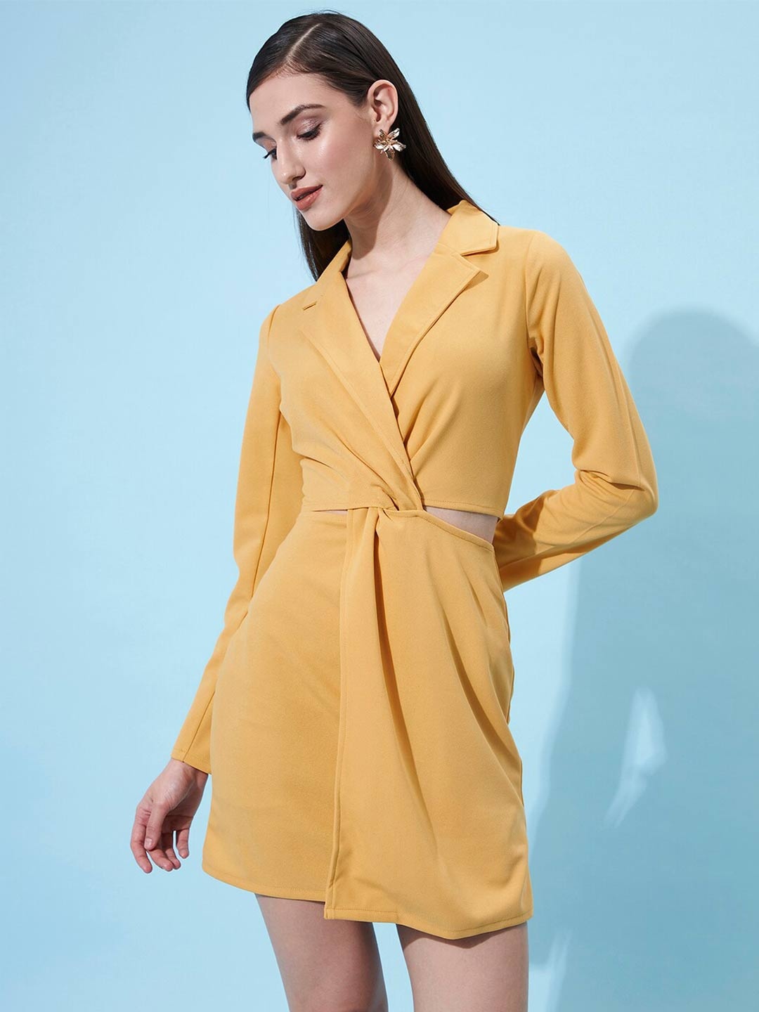 

Athena Lapel Collar Long Sleeves Cut Out Blazer Dress, Mustard