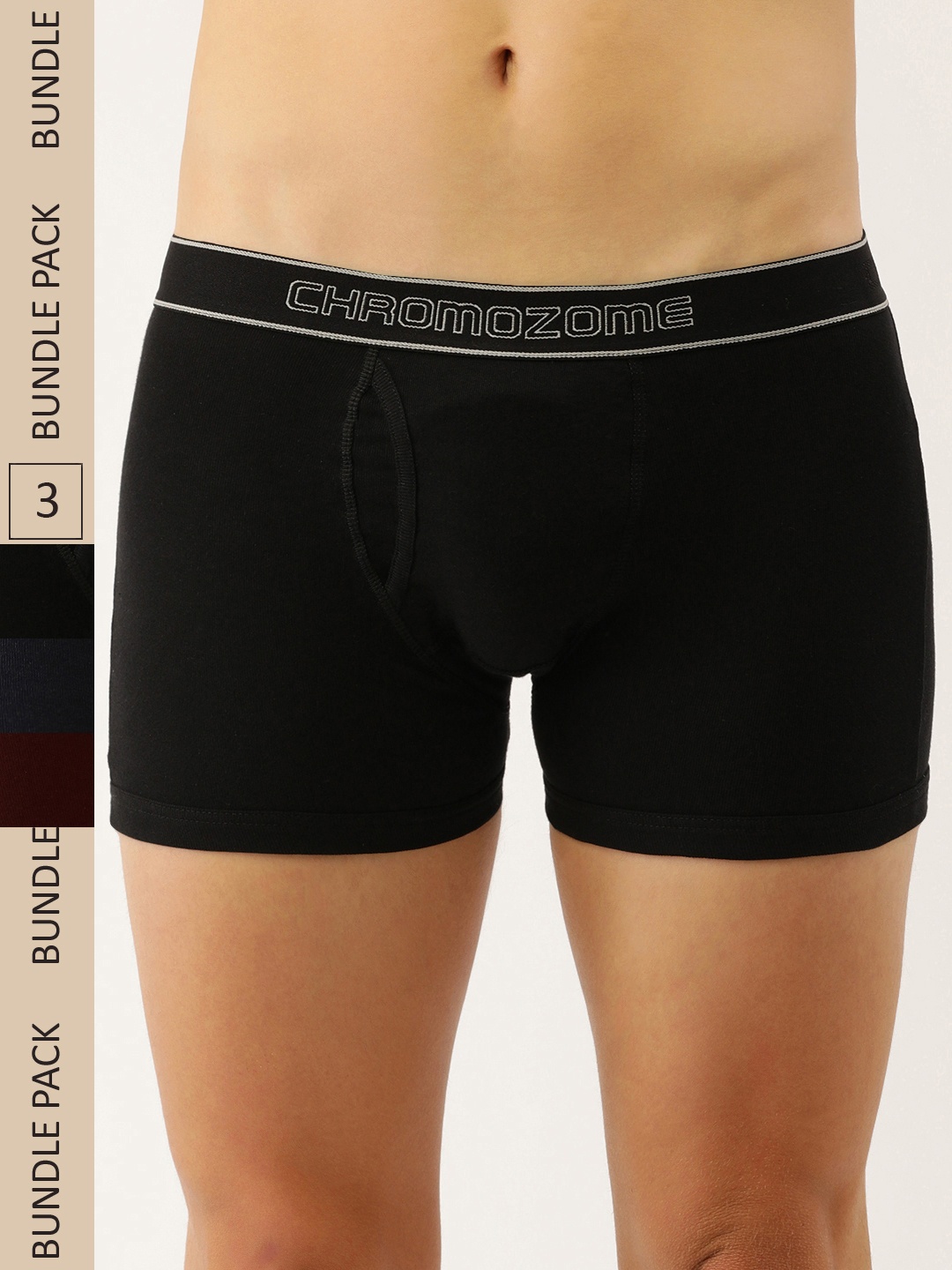 

Chromozome Men Pack Of 3 Solid Knitted Comfort Fit Pure Premium Cotton Trunks, Black