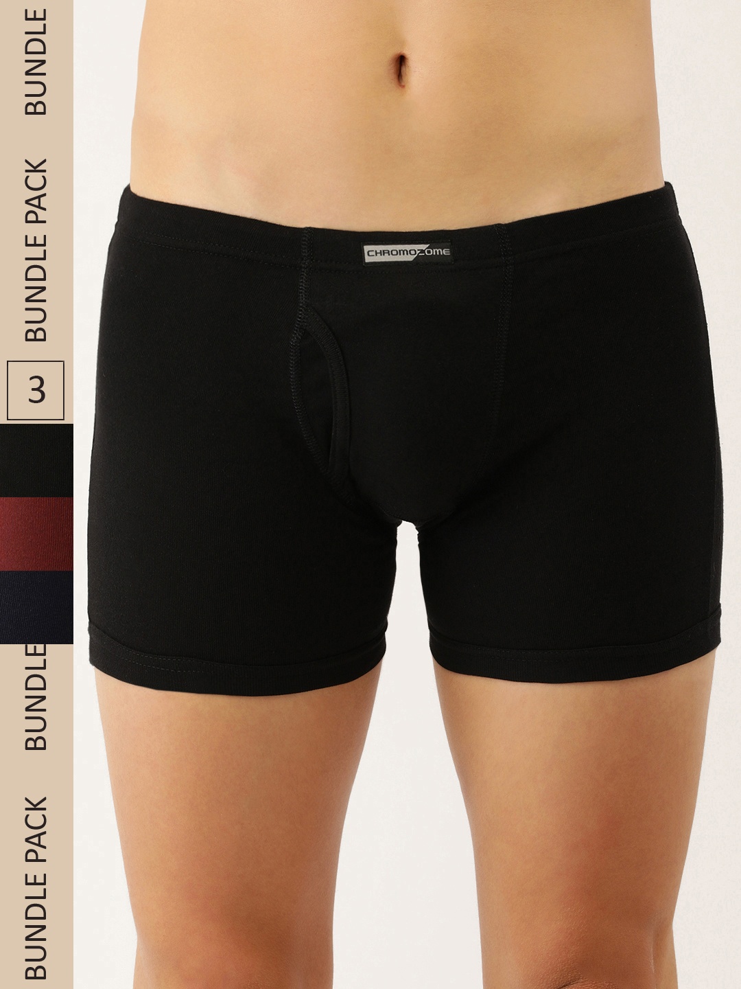 

Chromozome Men Pack Of 3 Solid Knitted Comfort Fit Pure Premium Cotton Trunks, Black