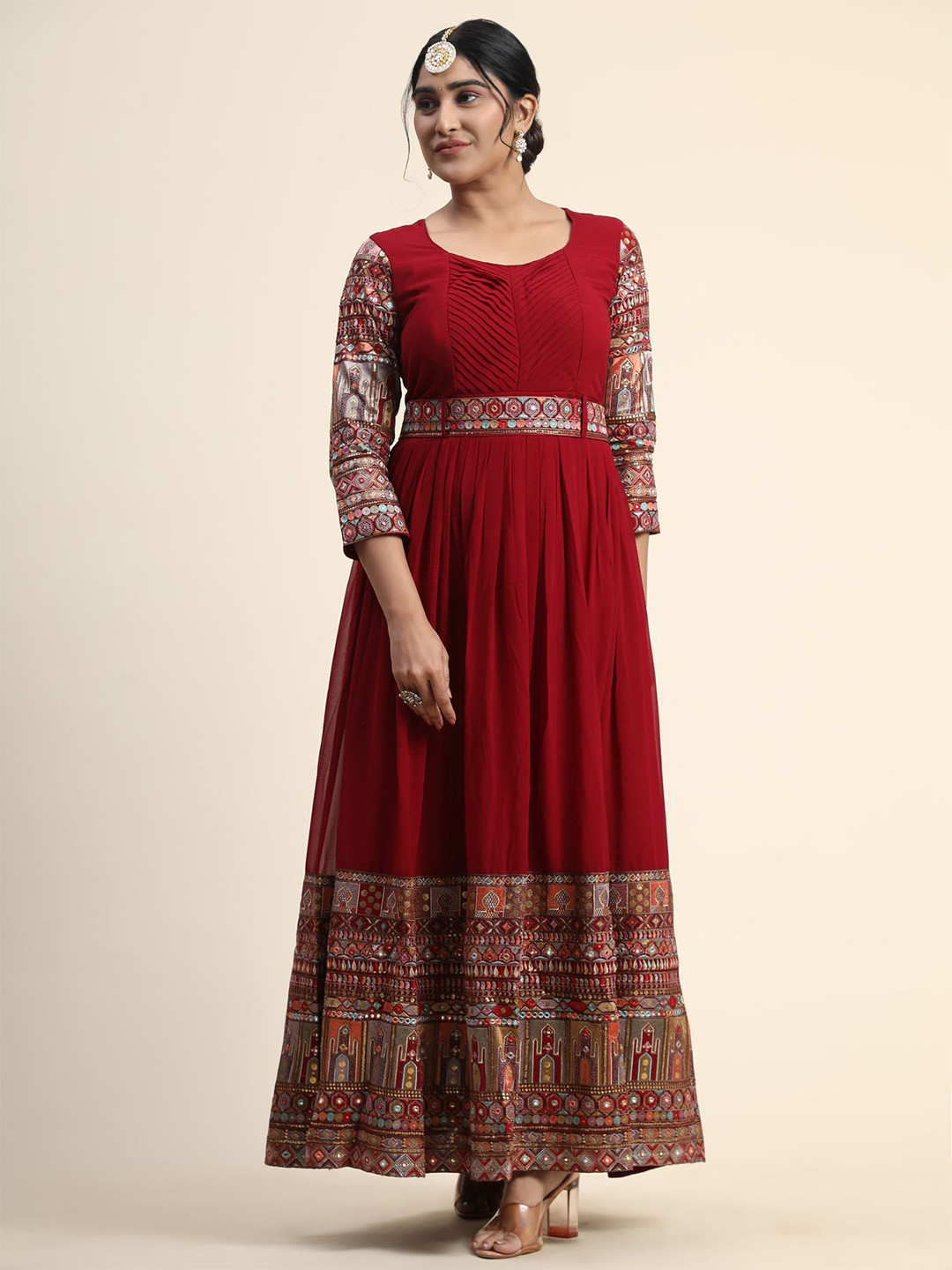 

KALINIEthnic Motifs Embroidered Mirror Work Georgette Anarkali Kurta, Maroon