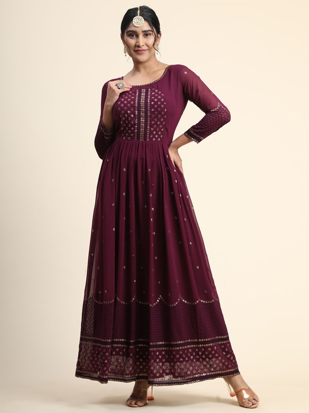 

KALINI Ethnic Motifs Embroidered Georgette Anarkali Kurta, Purple