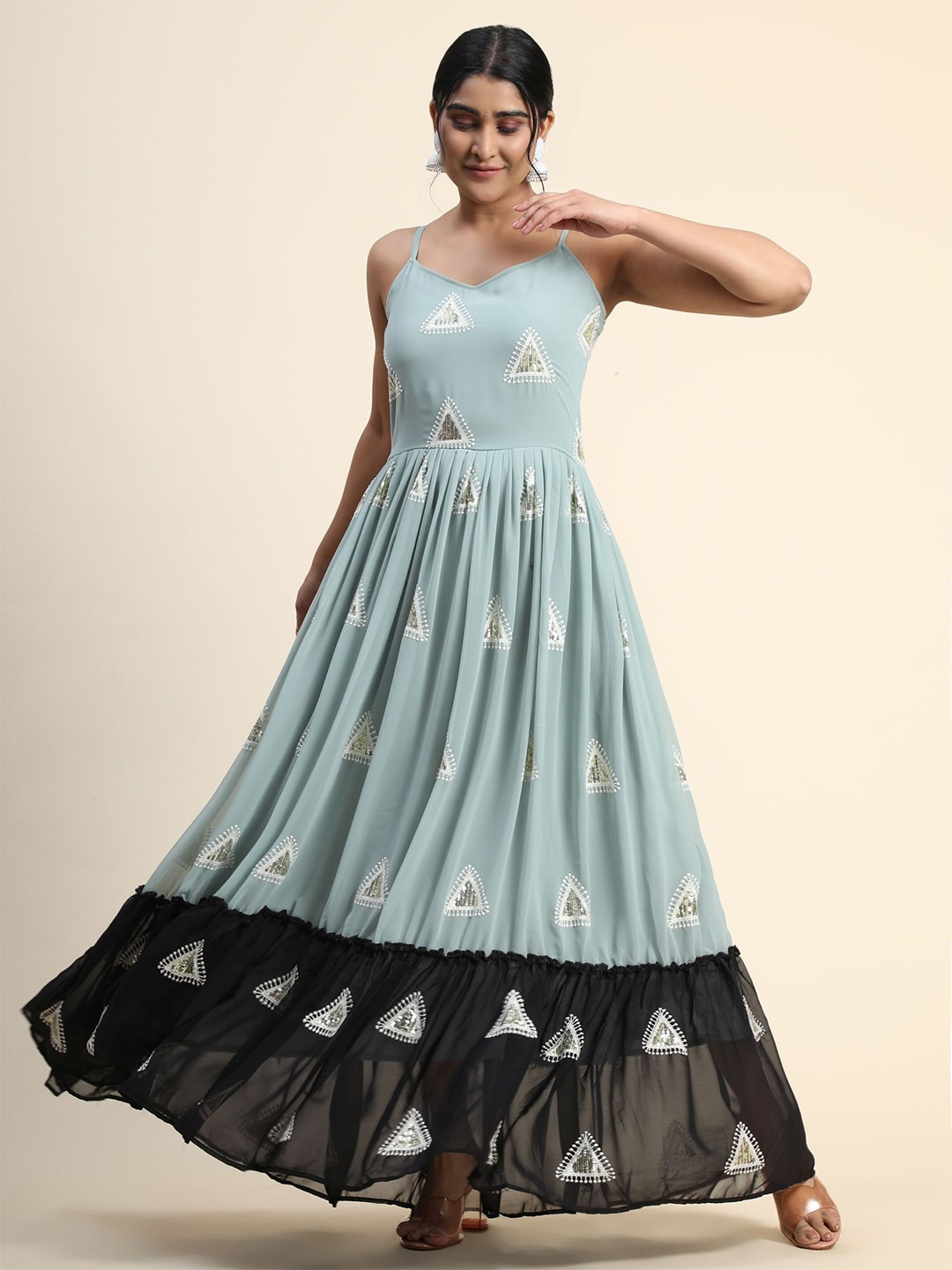 

KALINI Embellished Fit and Flare Maxi Ethnic Dress, Sea green