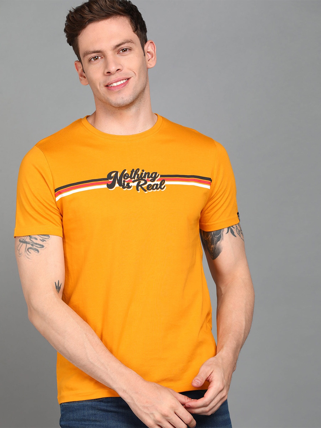 

Urbano Fashion Men Typography Printed Cotton Slim Fit T-shirt, Mustard
