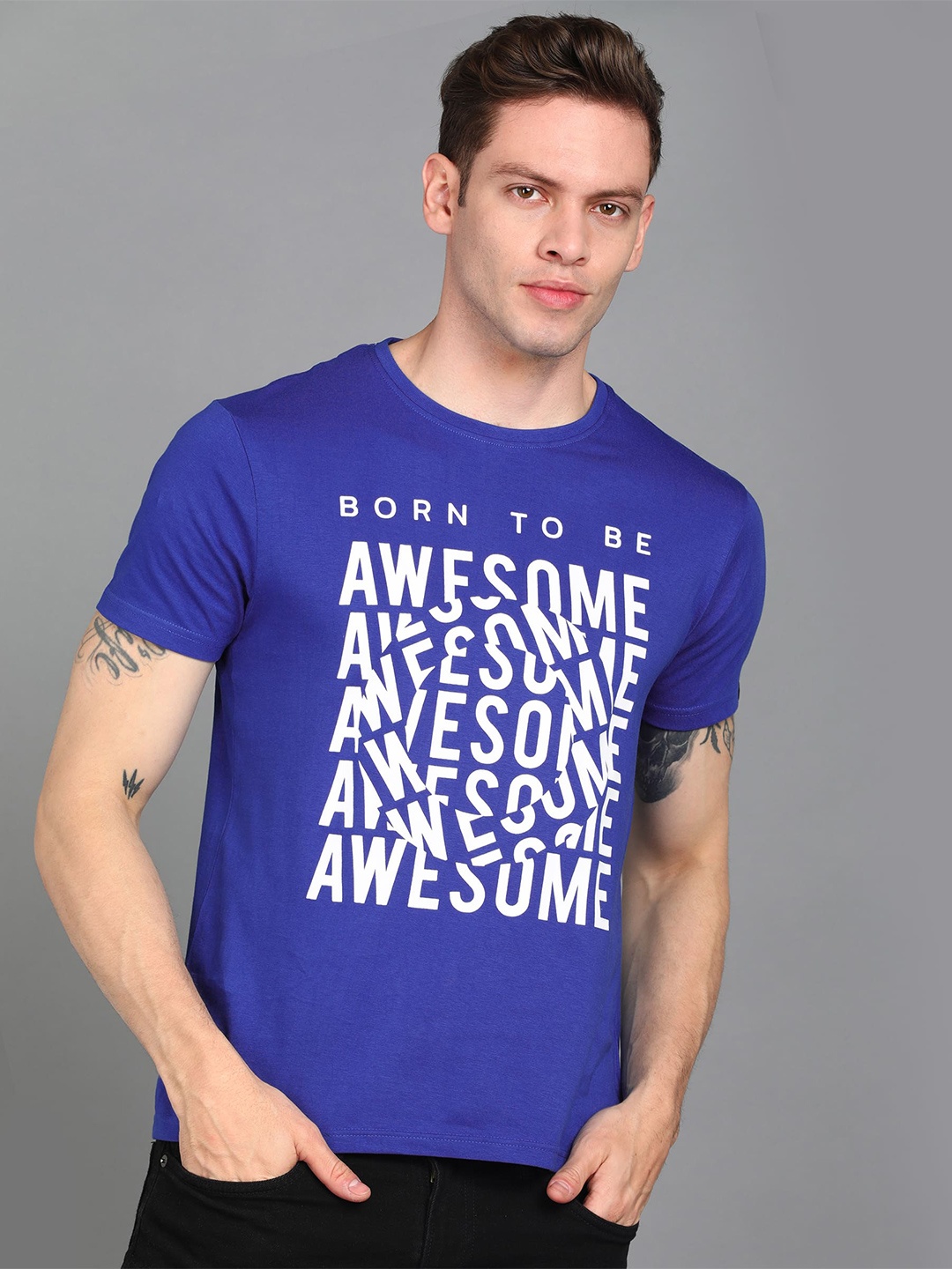 

Urbano Fashion Men Typography Printed Short Sleeve Slim Fit Cotton T-shirt, Blue