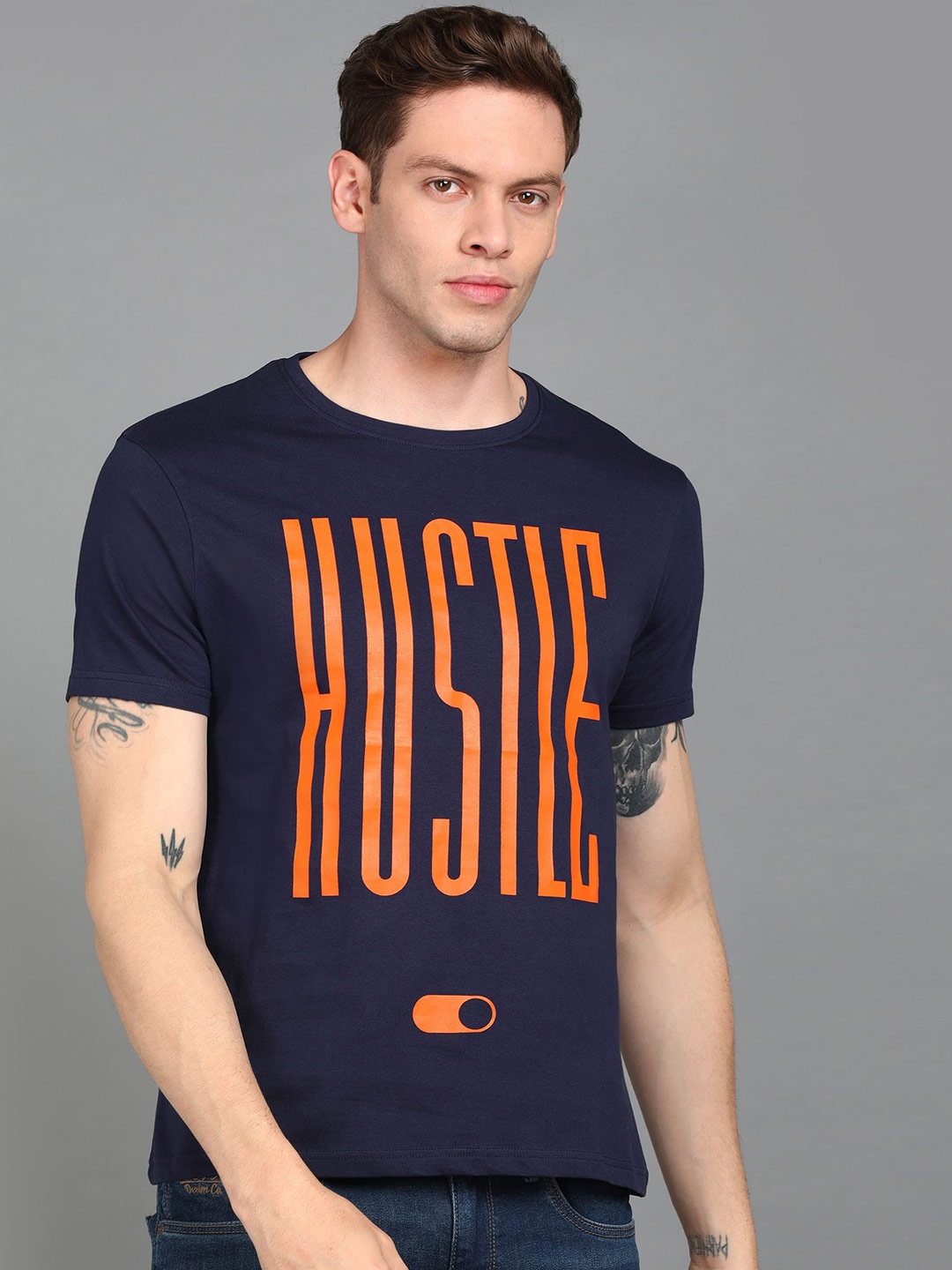 

Urbano Fashion Men Typography Printed Slim Fit Cotton T-shirt, Navy blue