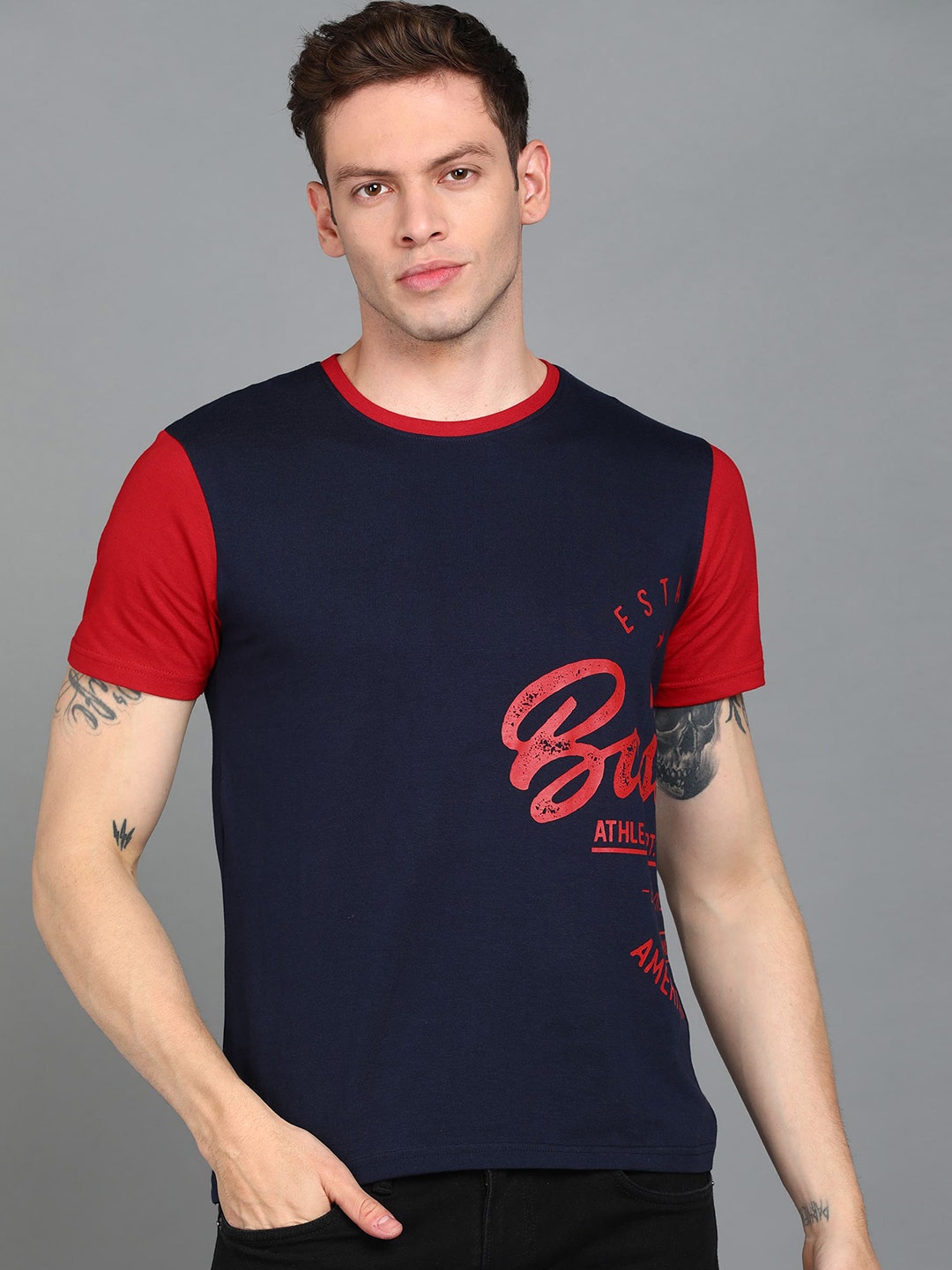 

Urbano Fashion Men Typography Printed Slim Fit Cotton T-shirt, Navy blue