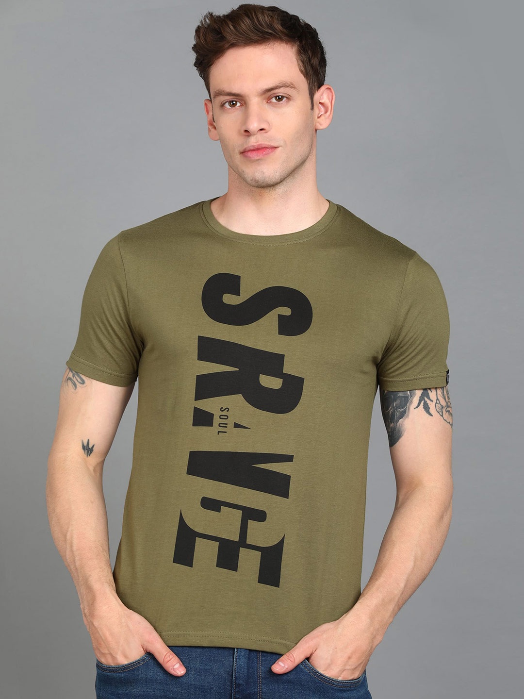 

Urbano Fashion Men Typography Printed Slim Fit Cotton T-shirt, Olive