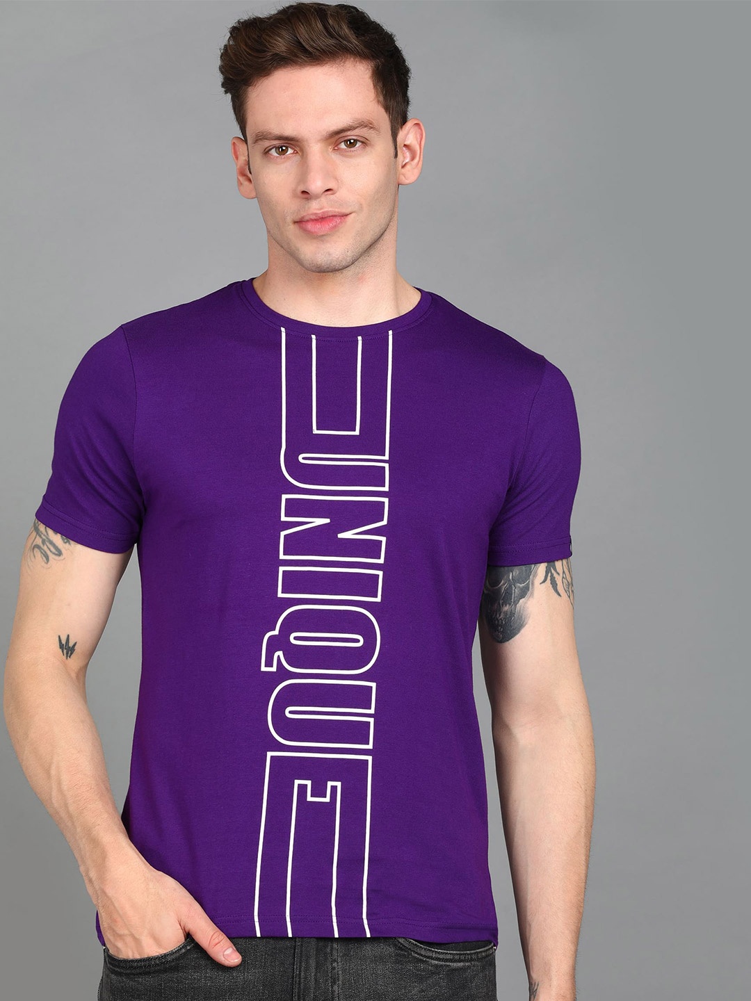 

Urbano Fashion Men Round Neck Typography Printed Slim Fit Cotton T-shirt, Purple