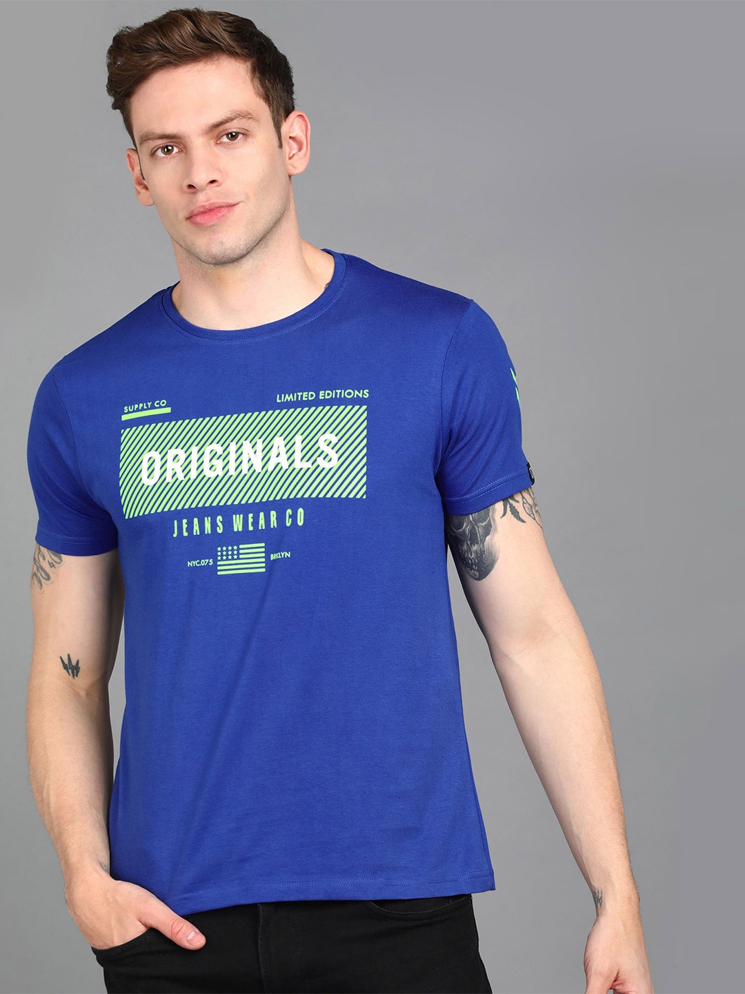 

Urbano Fashion Men Round Neck Typography Printed Slim Fit Cotton T-shirt, Blue