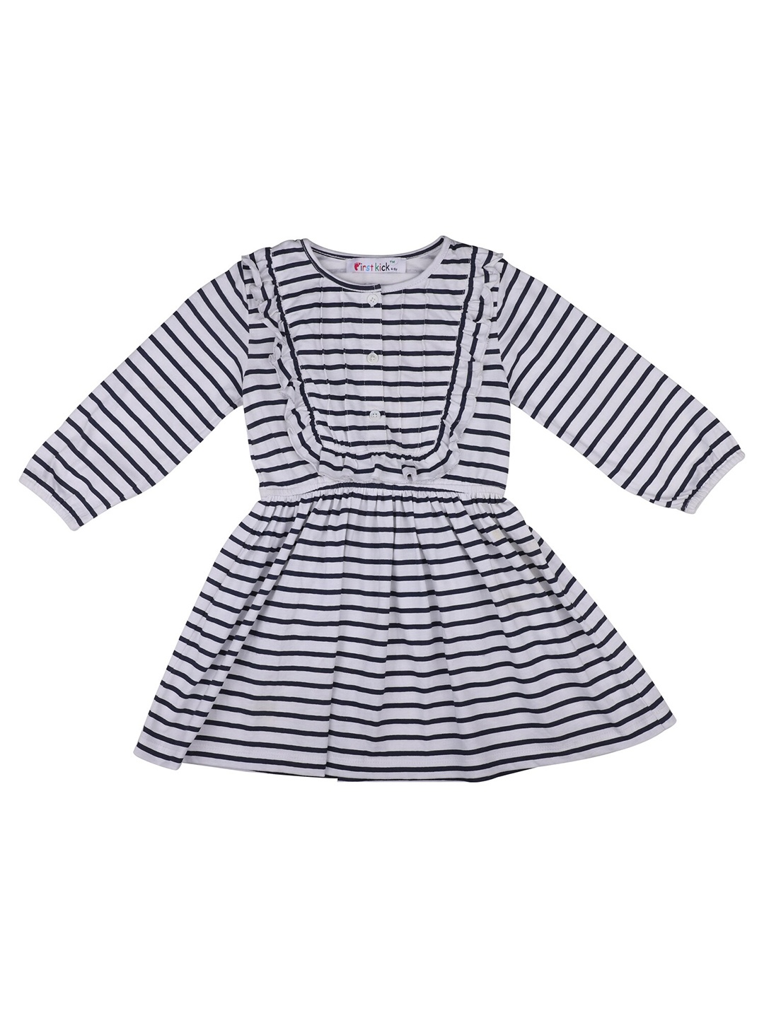 

First Kick Girls Cotton Striped Dress, White