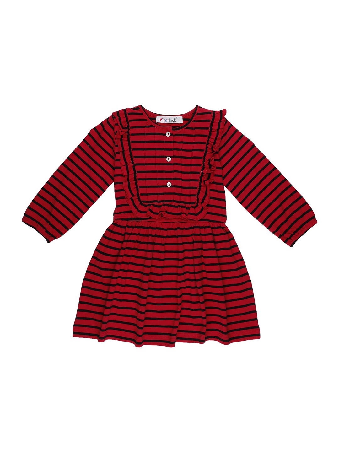 

First Kick Ruffled Striped Cotton Fit & Flare Dress, Red