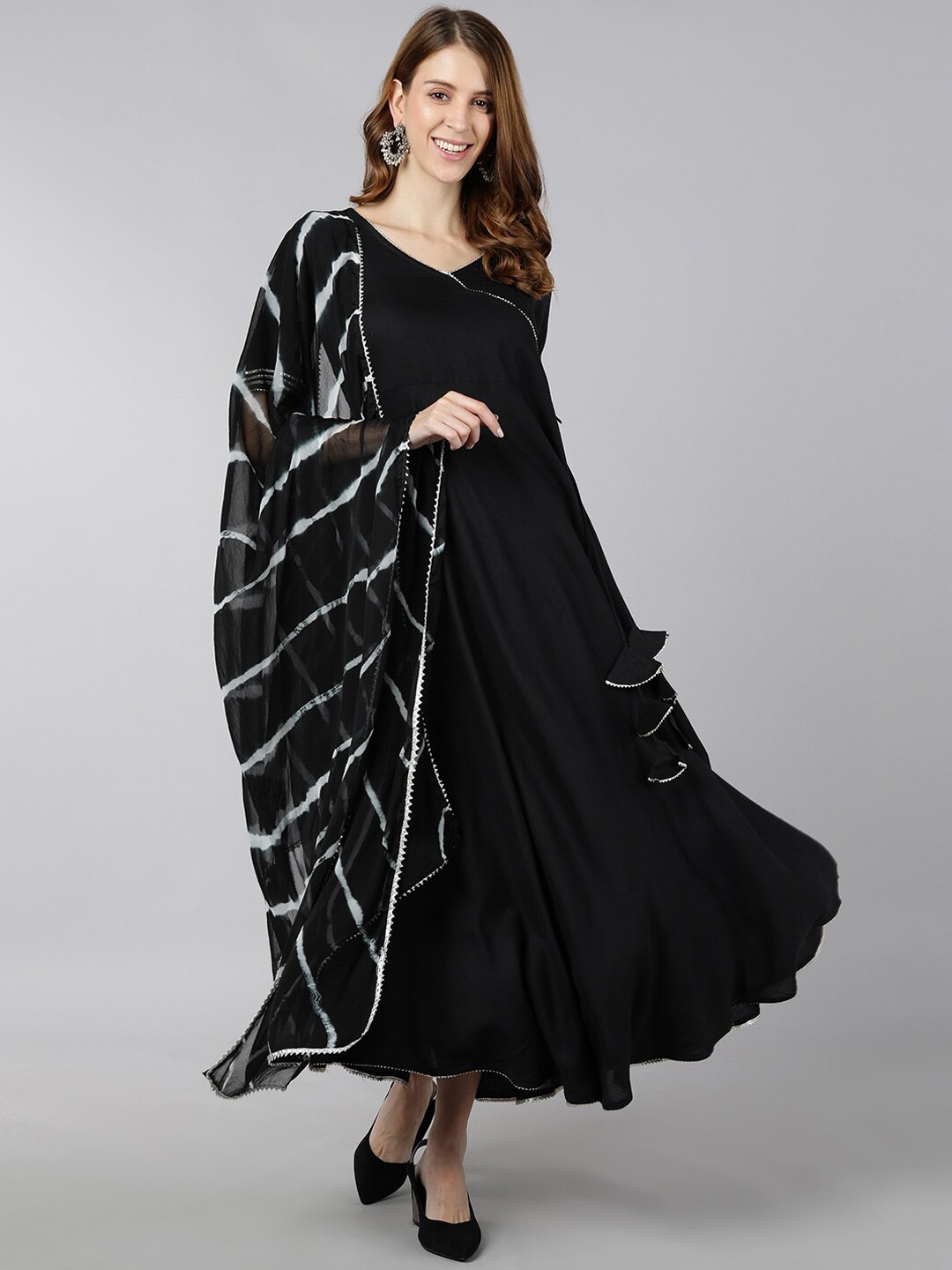 

kipek Women Lace Insert A-Line Ethnic Maxi Dress With Dupatta, Black