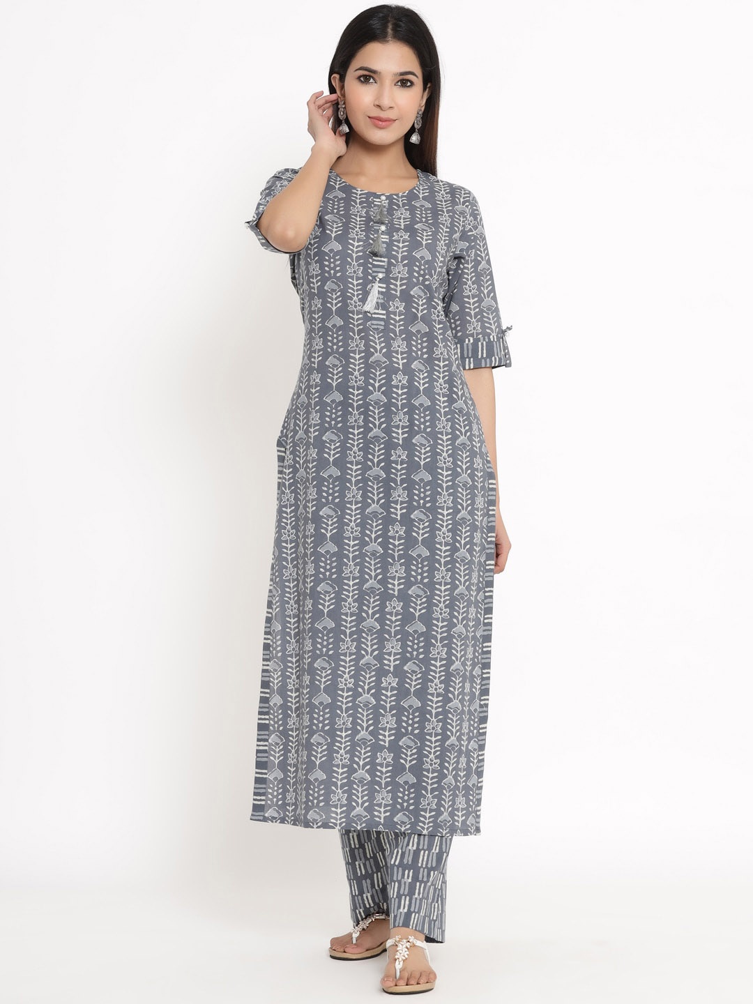 

kipek Women Ethnic Motifs Batik Printed Pure Cotton Kurta with Trousers, Grey