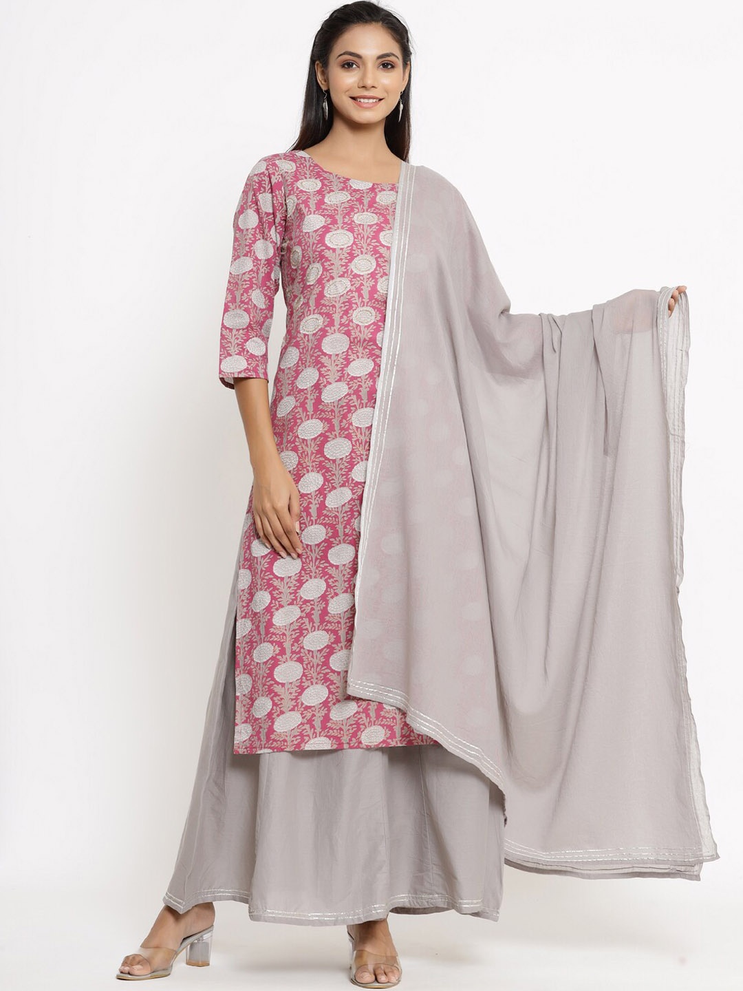 

kipek Printed Beads and Stones Pure Cotton Kurta with Palazzos & With Dupatta, Pink