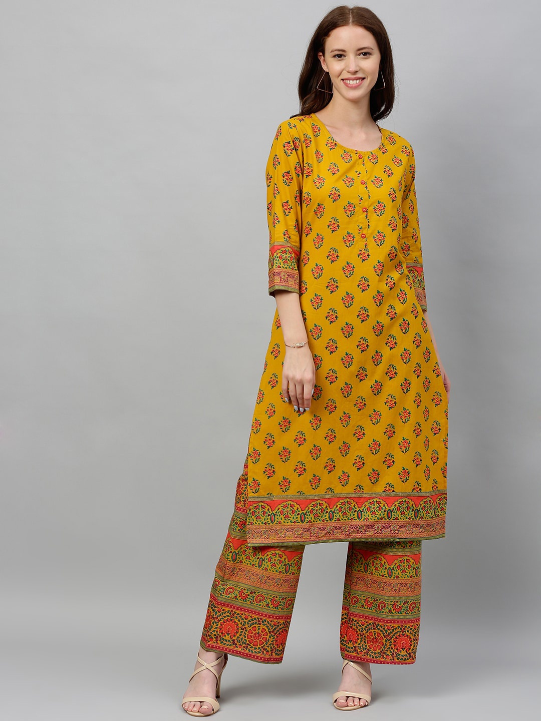 

kipek Women Floral Printed Pure Cotton Kurta with Palazzos, Mustard