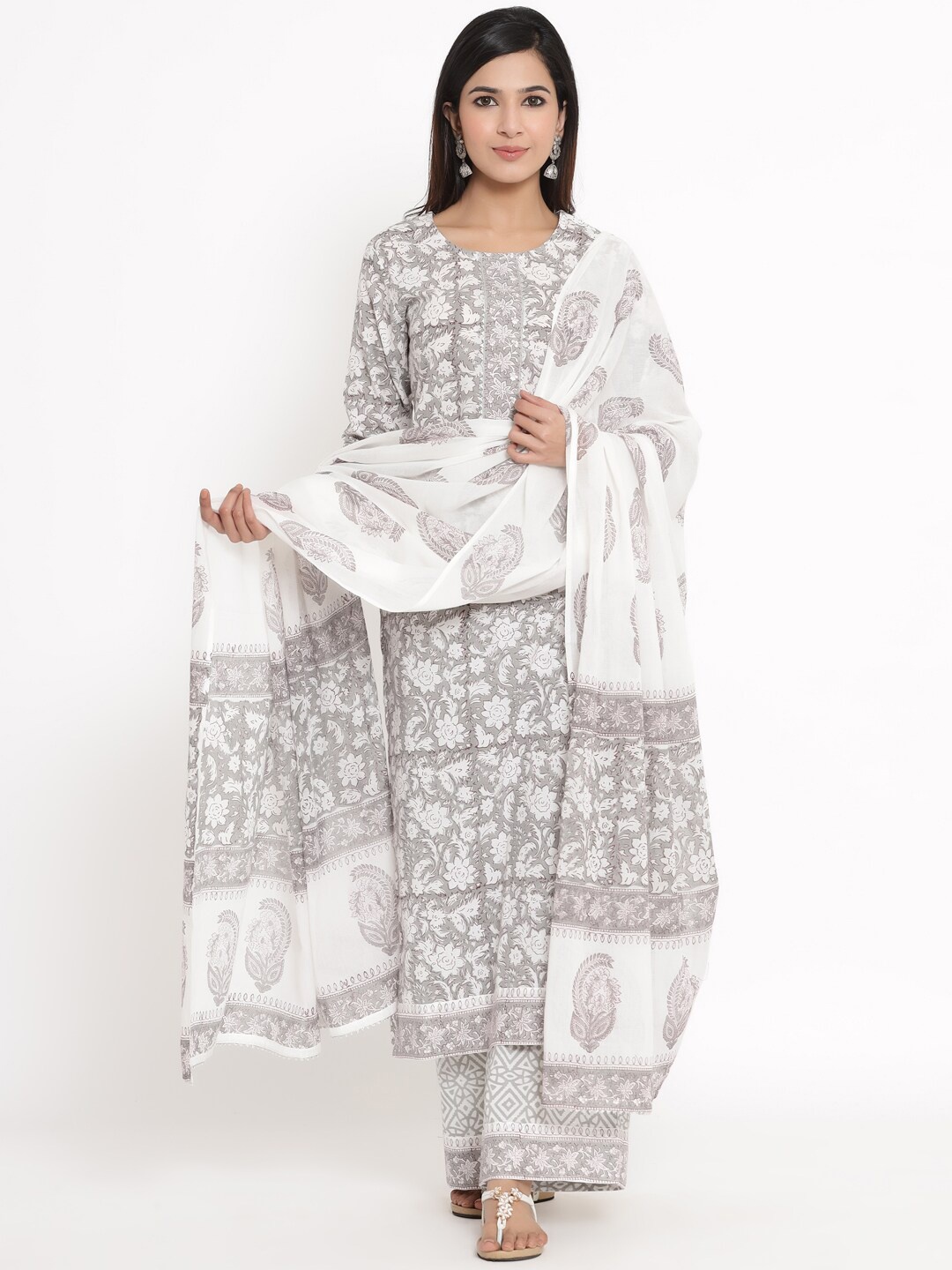 

kipek Women Off White Ethnic Motifs Printed Pure Cotton Kurta with Palazzos & With Dupatta