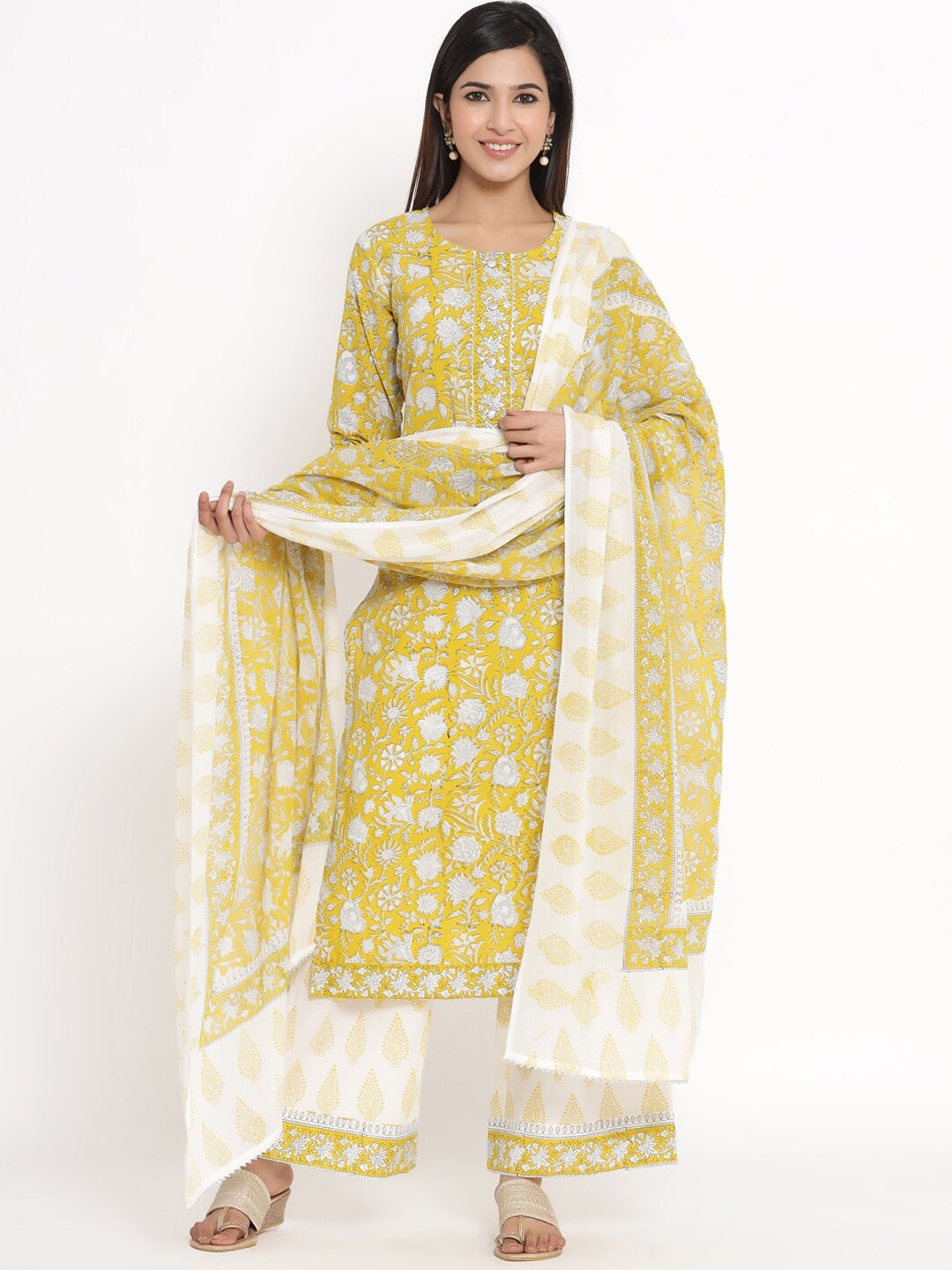 

kipek Women Yellow Floral Printed Pure Cotton Kurta with Palazzos & With Dupatta