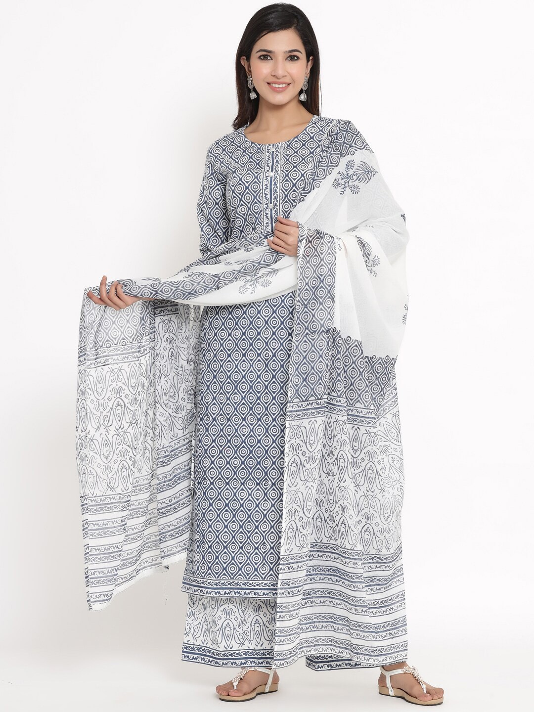 

kipek Women Blue Ethnic Motifs Printed Pure Cotton Kurta with Palazzos & With Dupatta