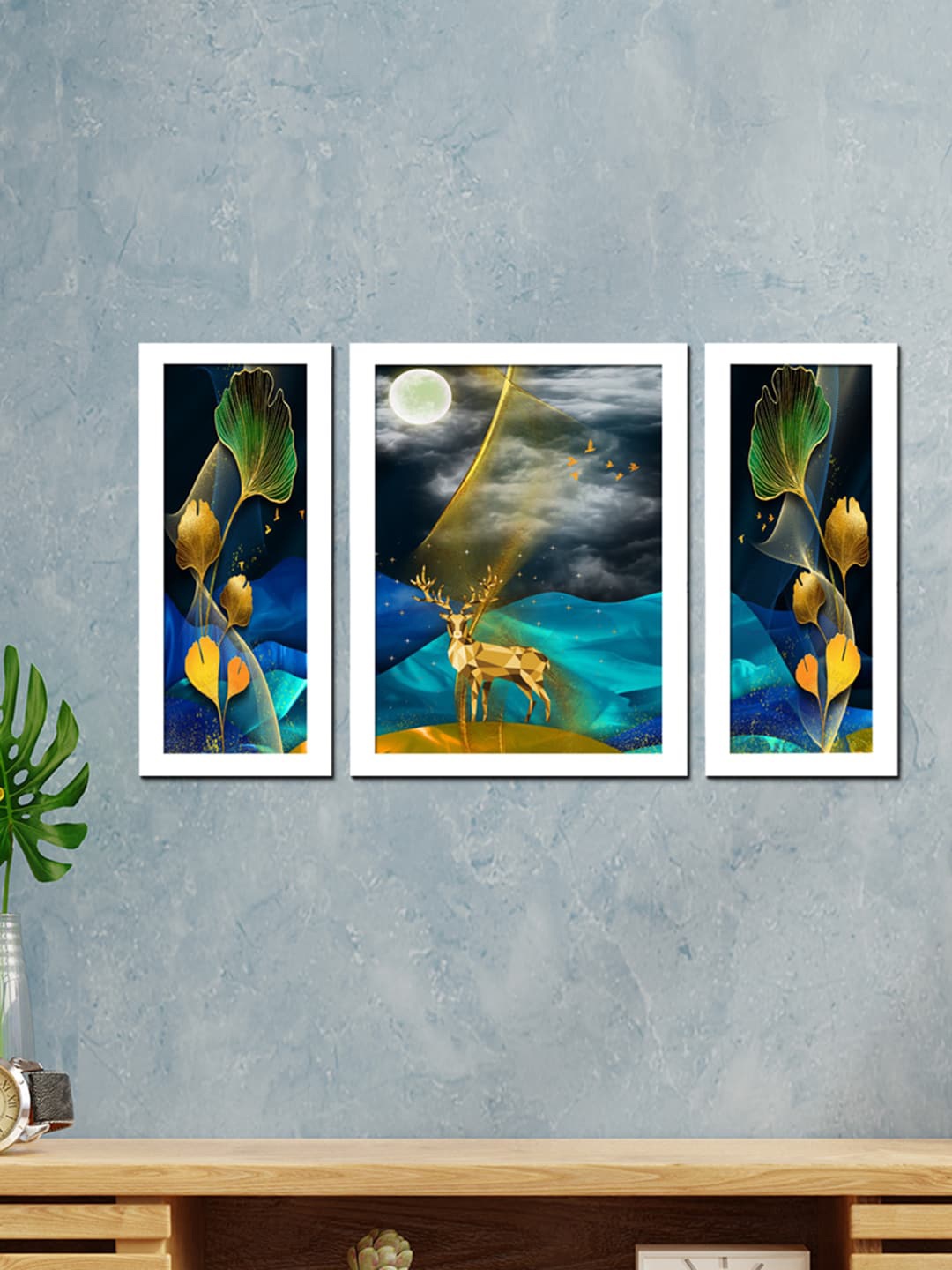 

WENS Set Of 3 Blue & White Deer Art Framed Wall Painting