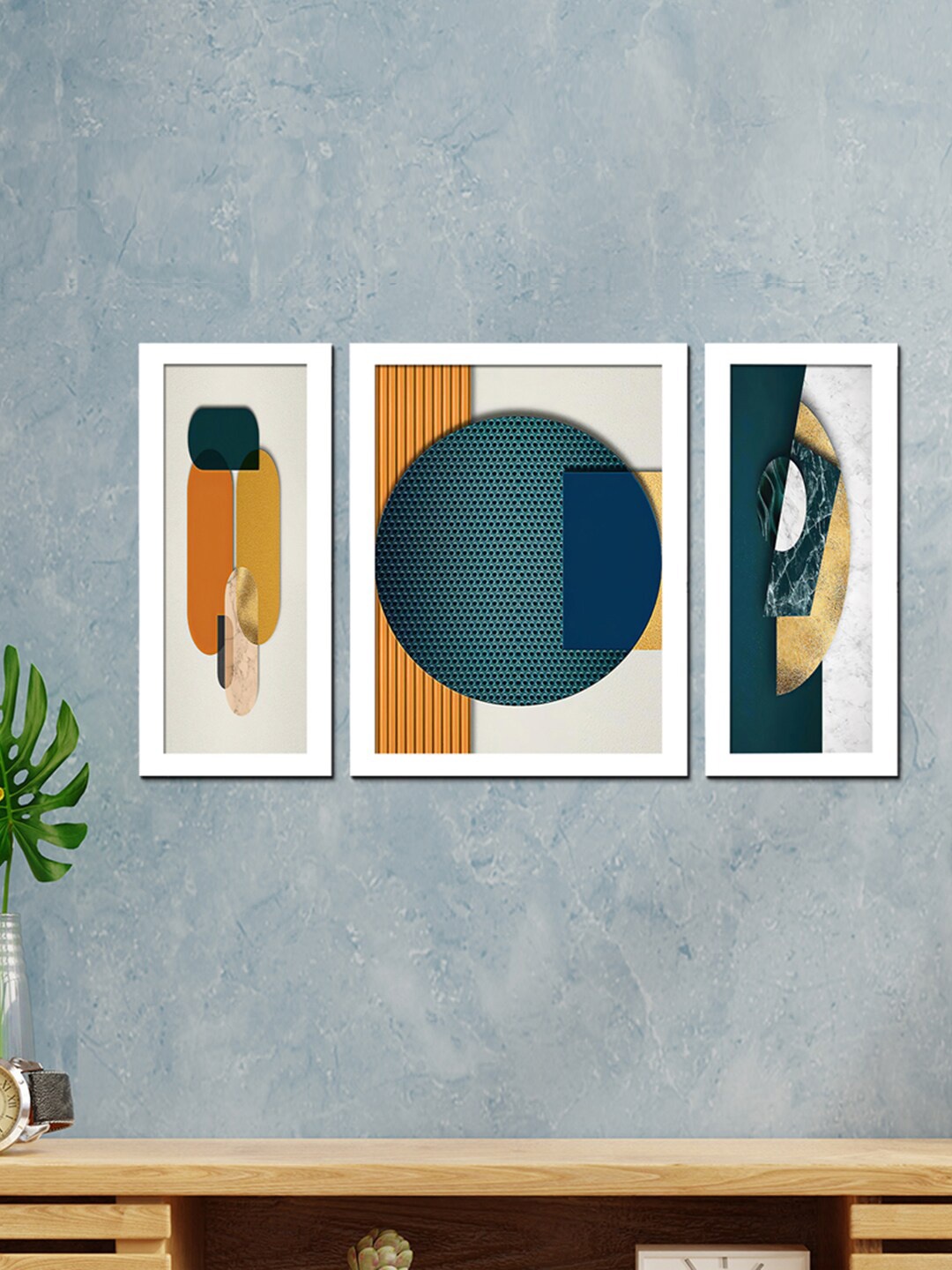 

WENS Set Of 3 White & Green Nordiac Geometrical Modern Wall Art