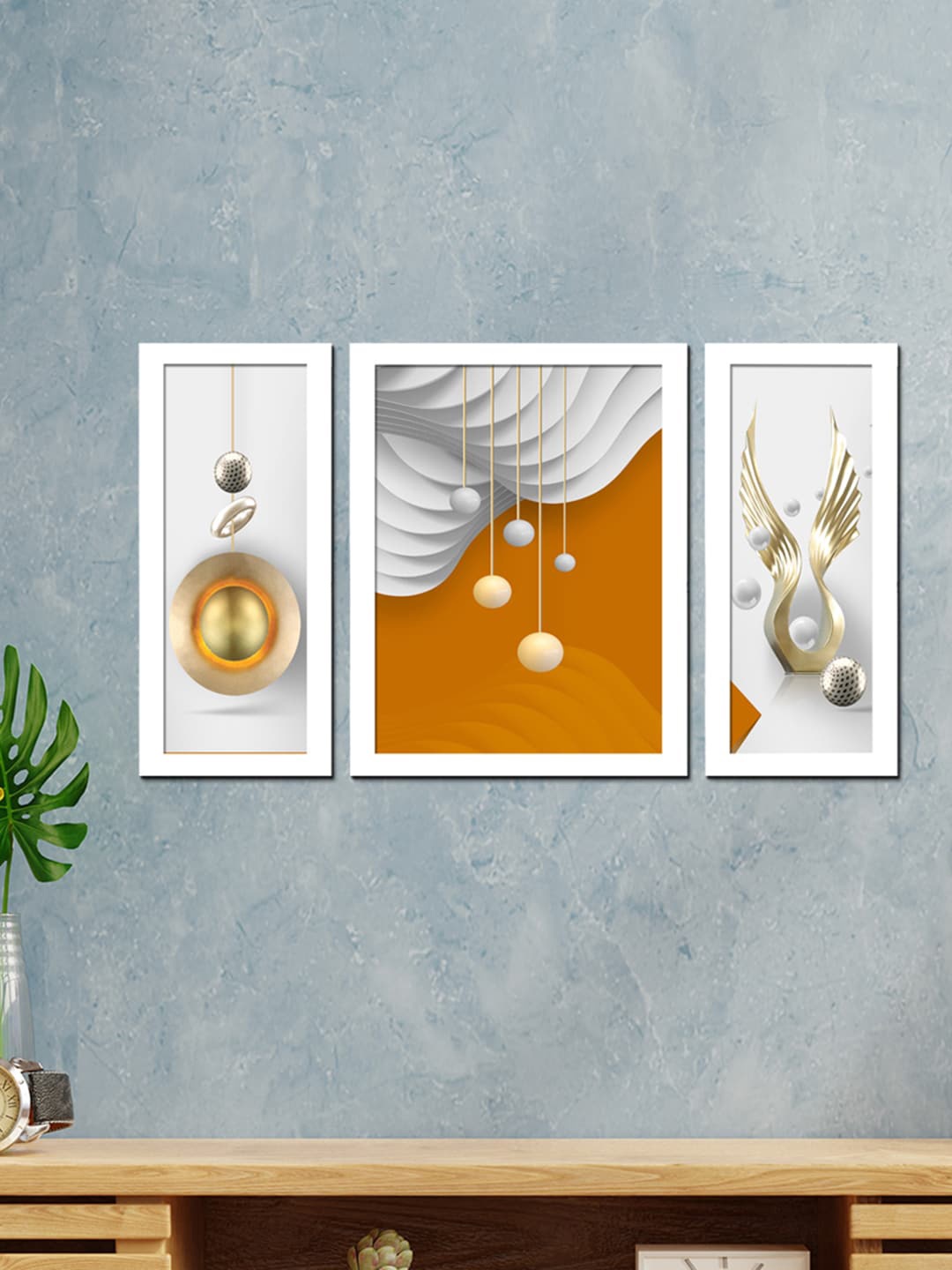 

WENS Set Of 3 White & Mustard-Yellow Minimalist Boho Framed Wall Art