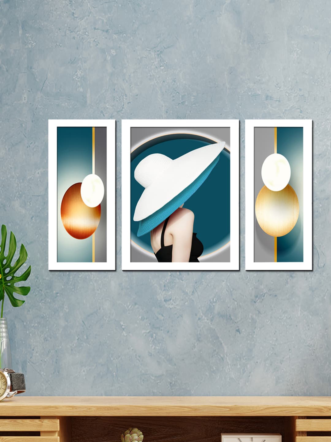 

WENS Set Of 3 White & Blue Modern Fashion Girl Painting Wall Art