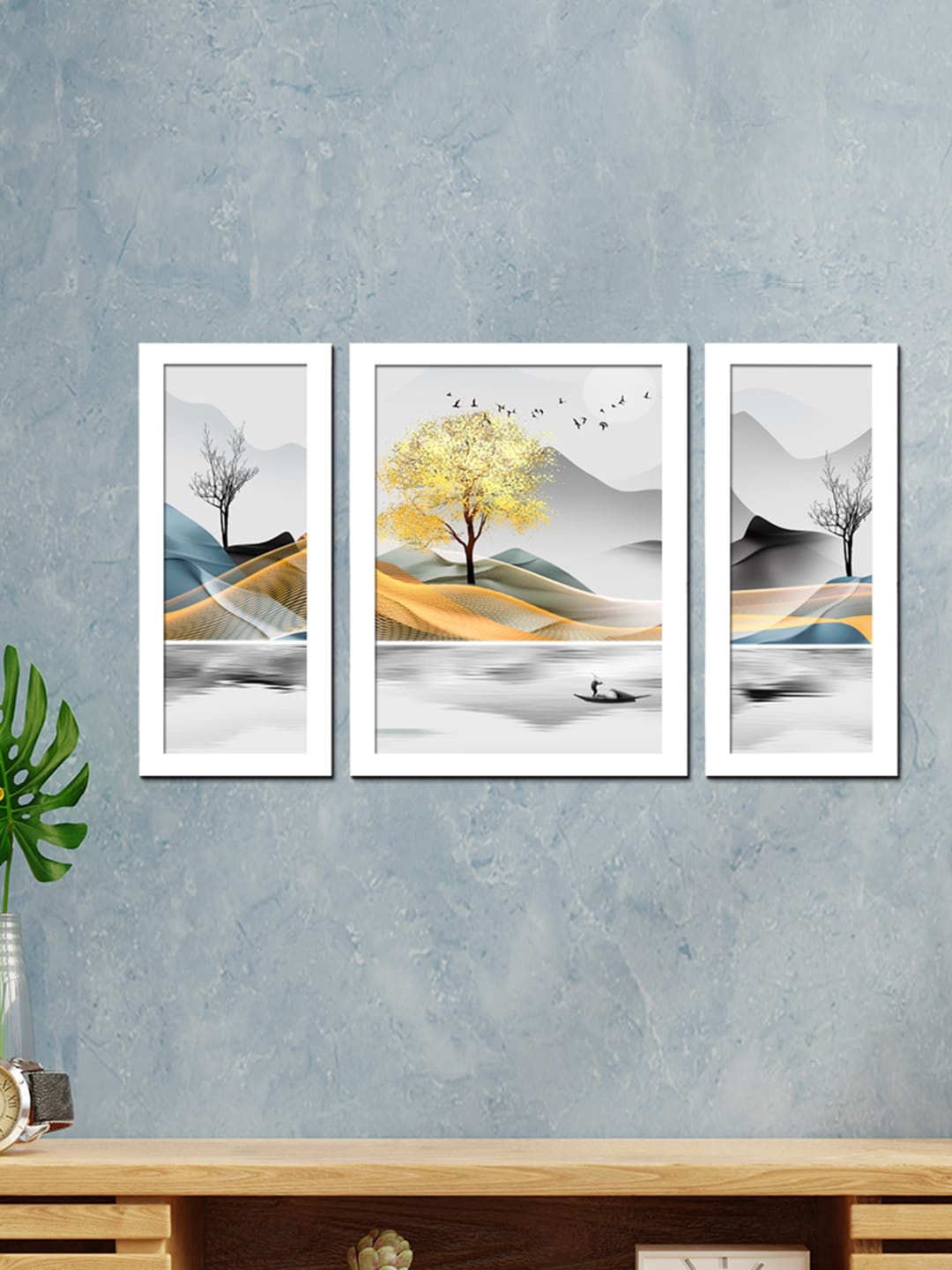 

WENS Set Of 3 White & Brown Abstract Framed Wall Painting