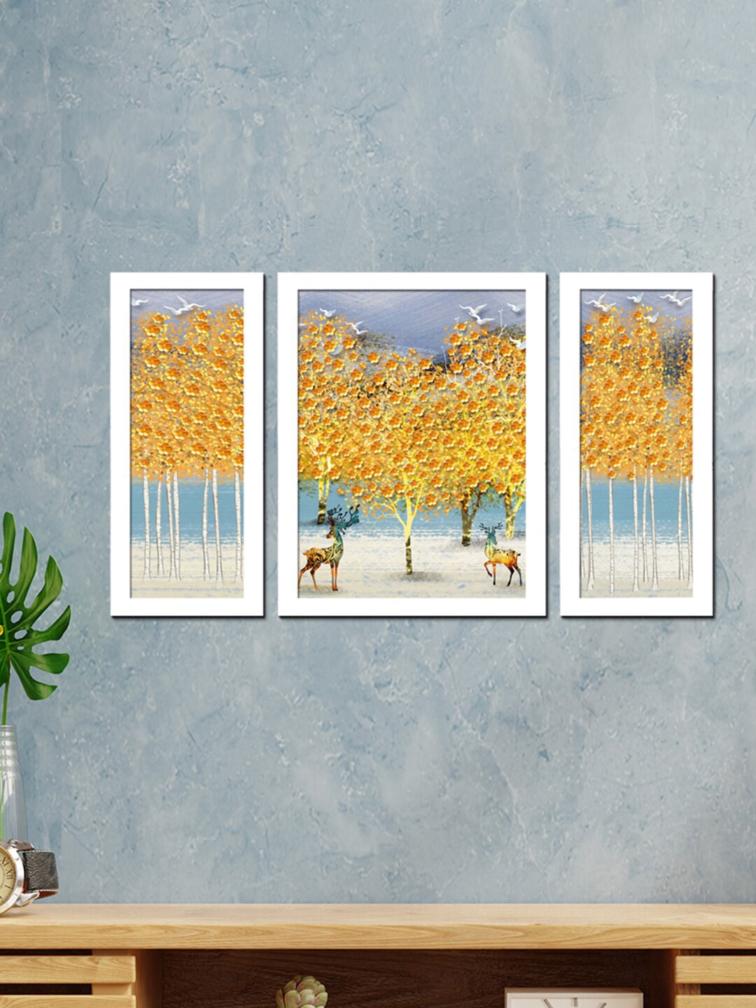 

WENS Set Of 3 White & Yellow Reindeer With Flower Blooms Painting Wall Art