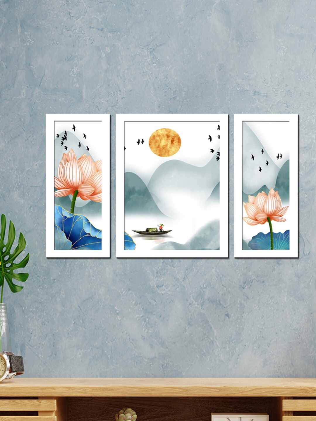 

WENS Set Of 3 White & Blue Mesmerizing Nature Painting Wall Art