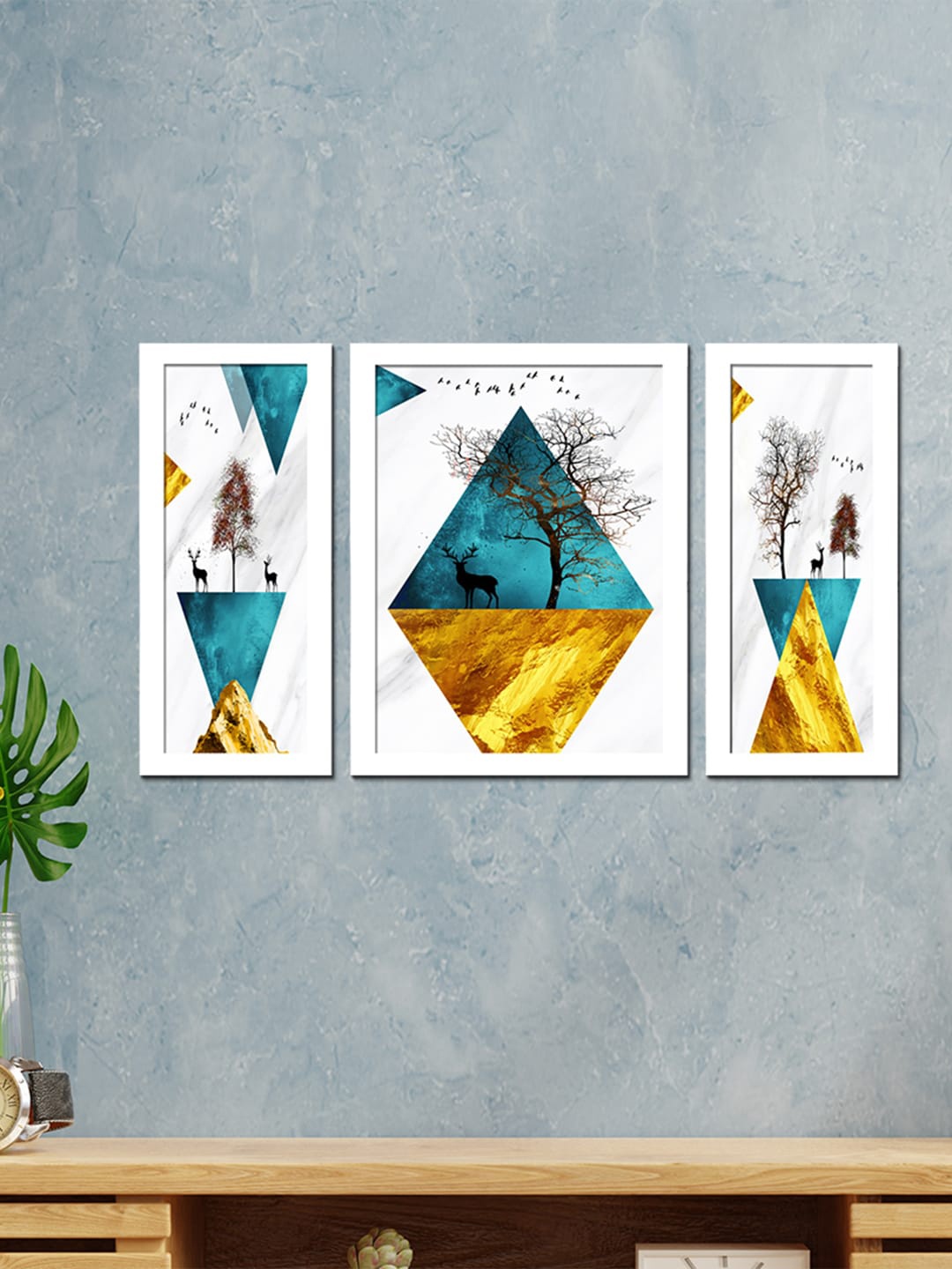 

WENS Set Of 3 White Mural Modern Deer Printed Framed Wall Art