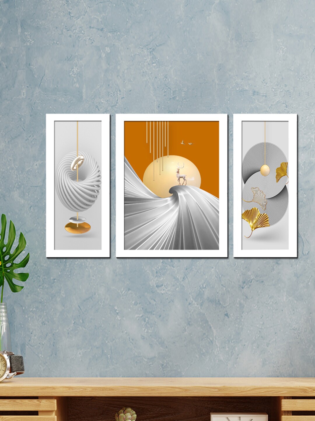 

WENS Set Of 3 Modern Deer Abstarct Printed Framed Wall Art, White