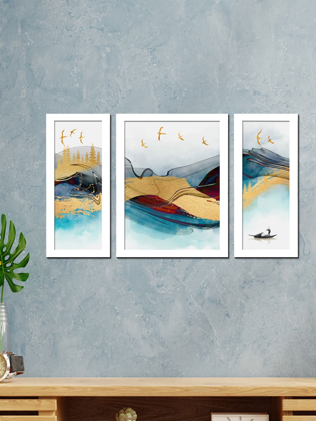 

WENS 3 Pieces White & Blue Nordic Abstract Framed Wall Art
