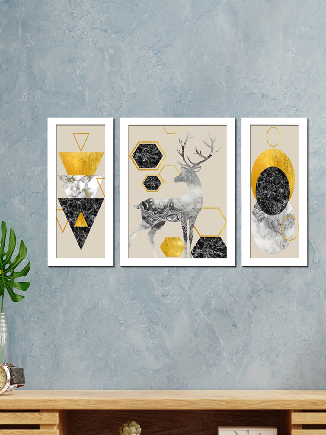 

WENS 3 Pieces White & Yellow Stylish Scandinavian Printed Framed Wall Art