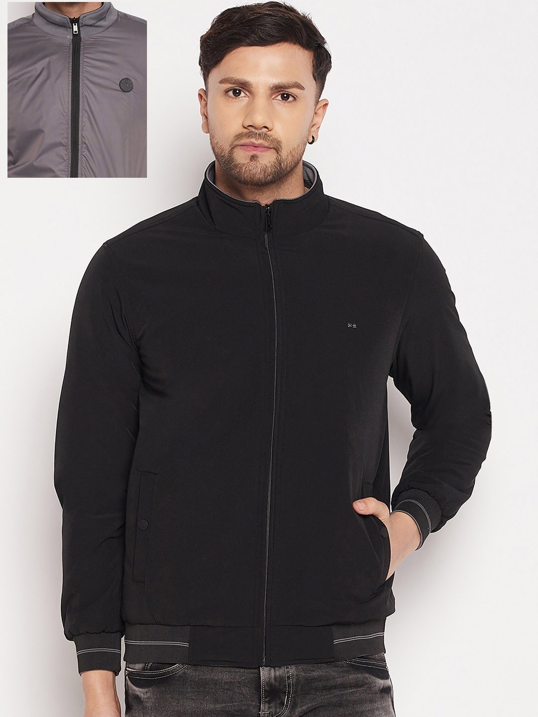 

Okane Men Reversible Mock Collar Bomber Jacket, Black