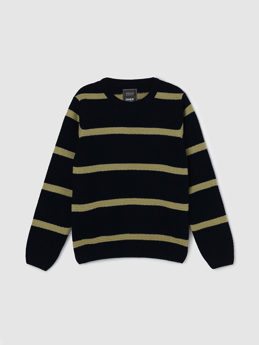 

max Boys Round Neck Striped Acrylic Pullover, Black