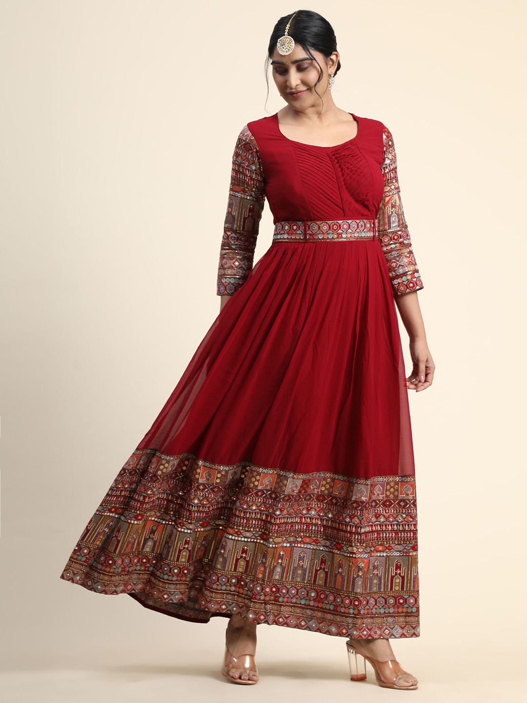 

KALINI Women Round Neck Ethnic Motifs Embroidered Mirror Work Georgette Anarkali Kurta, Maroon
