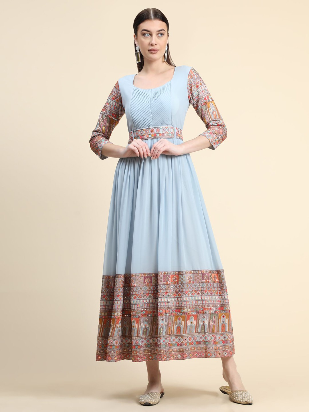 

KALINI Women Ethnic Motifs Embroidered Thread Work Georgette Ethnic Dresses, Blue