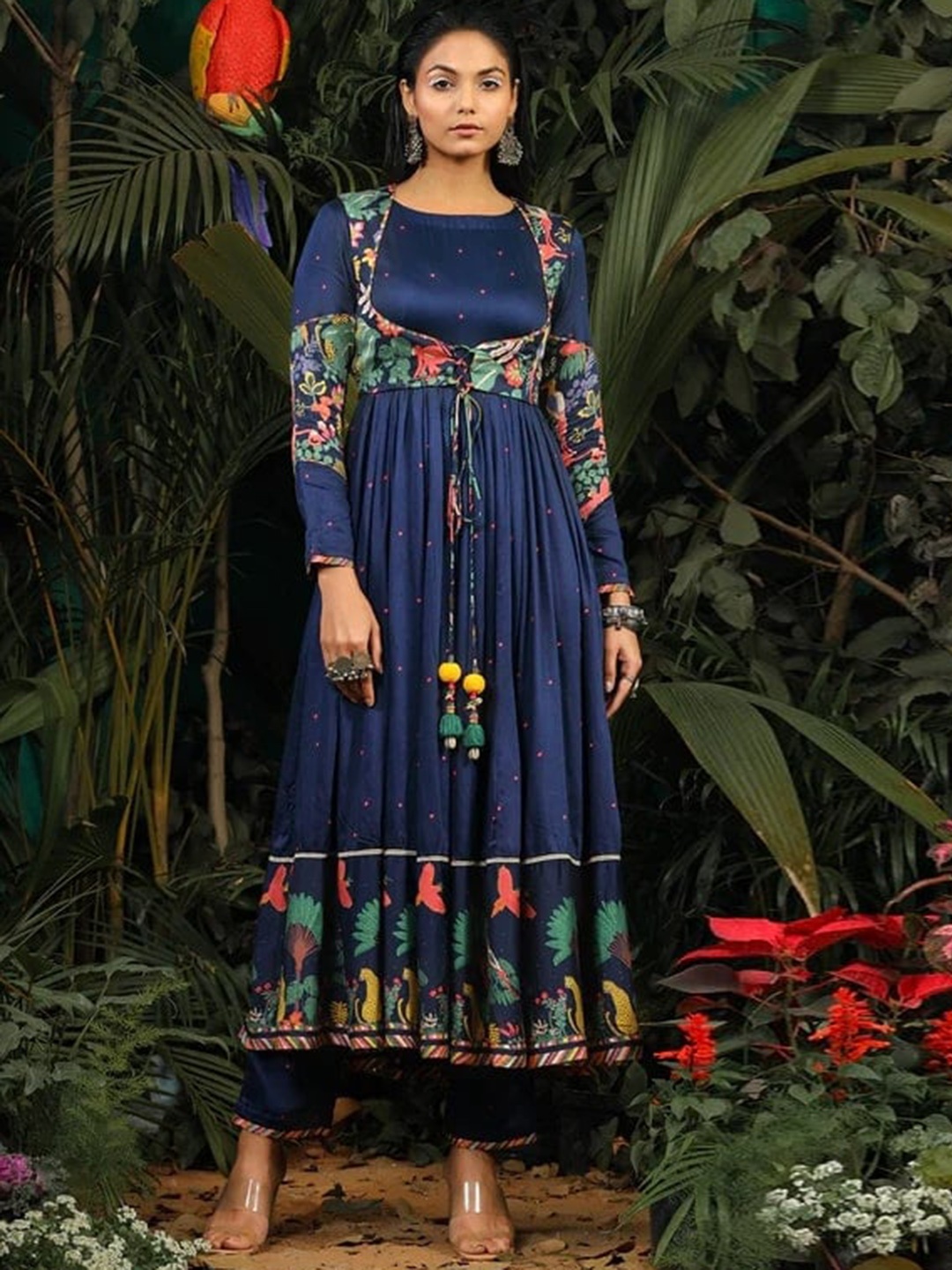 

Baise Gaba Women Quirky Printed Indigo Satin Anarkali Kurta, Blue