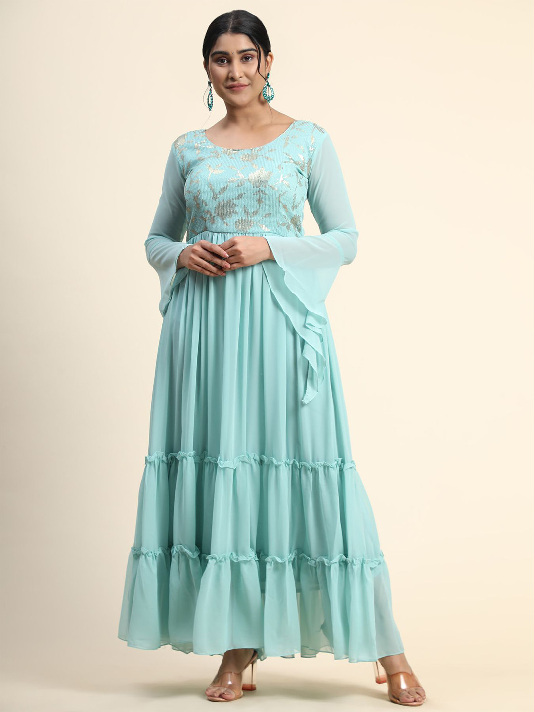 

KALINI Women Floral Embroidered Flared Sleeves Pastels Georgette Anarkali Kurta, Blue