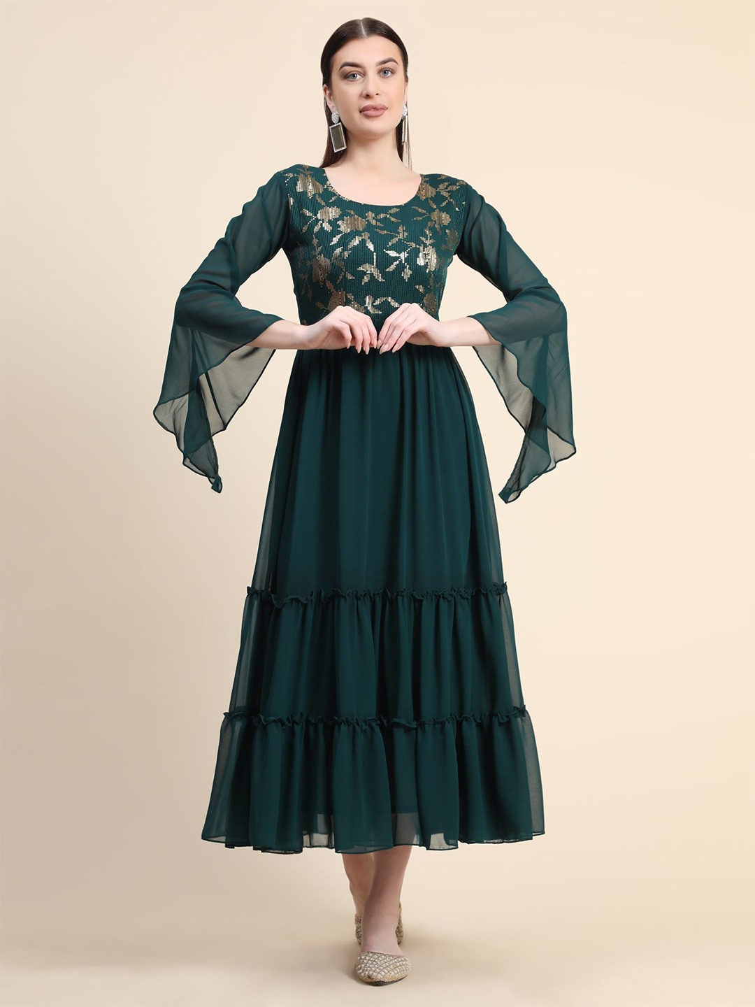 

KALINI Floral Embroidered Bell Sleeves Georgette Ethnic Dress, Green