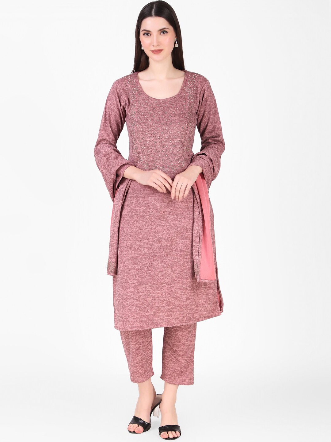 

FNOCKS Women Beads and Stones Woven Design Kurta With Trousers & Dupatta, Pink
