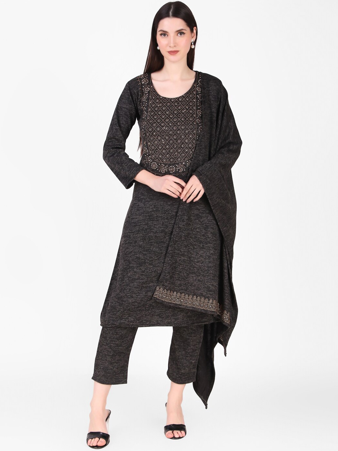 

FNOCKS Women Beads and Stones Kurta With Trousers & With Dupatta, Black