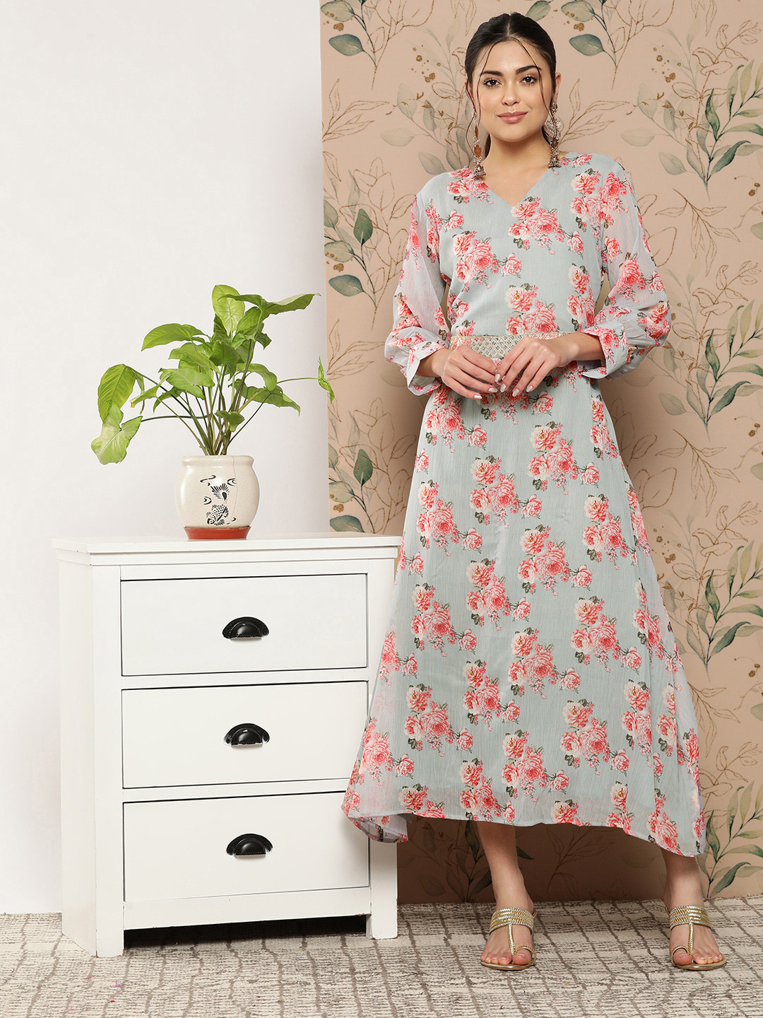 

Yufta Floral Chiffon A-Line Midi Dress, Grey