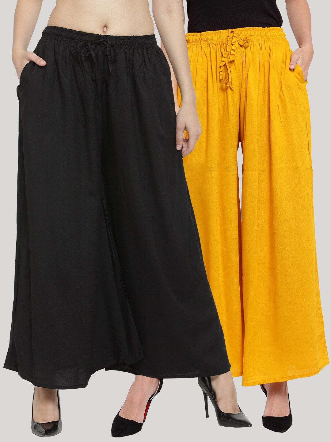 

Clora Creation Women Pack of 2 Solid Rayon Flared Palazzos, Mustard