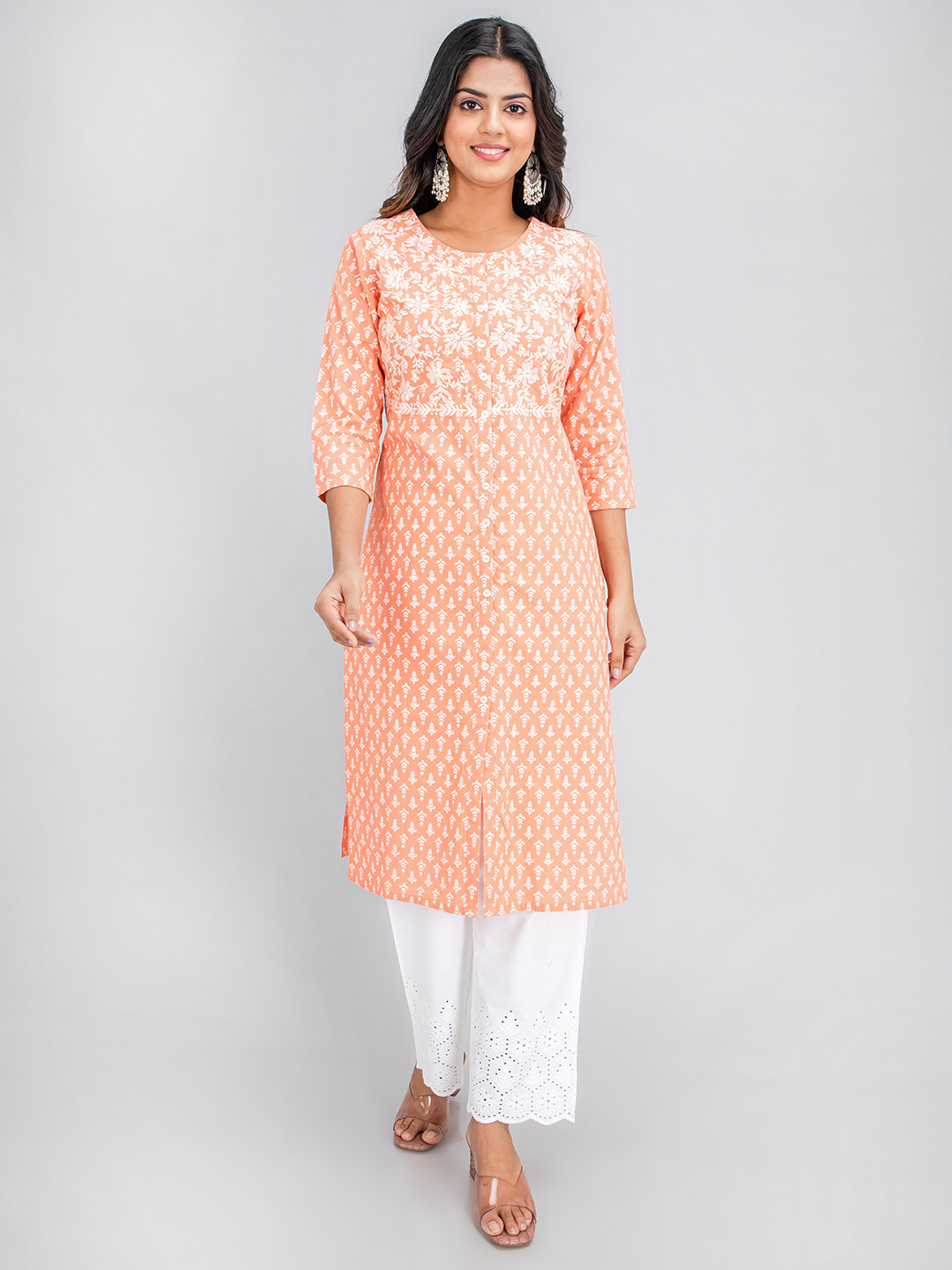 

SUTI Women Ethnic Motifs Printed Thread Work Kurta, Peach