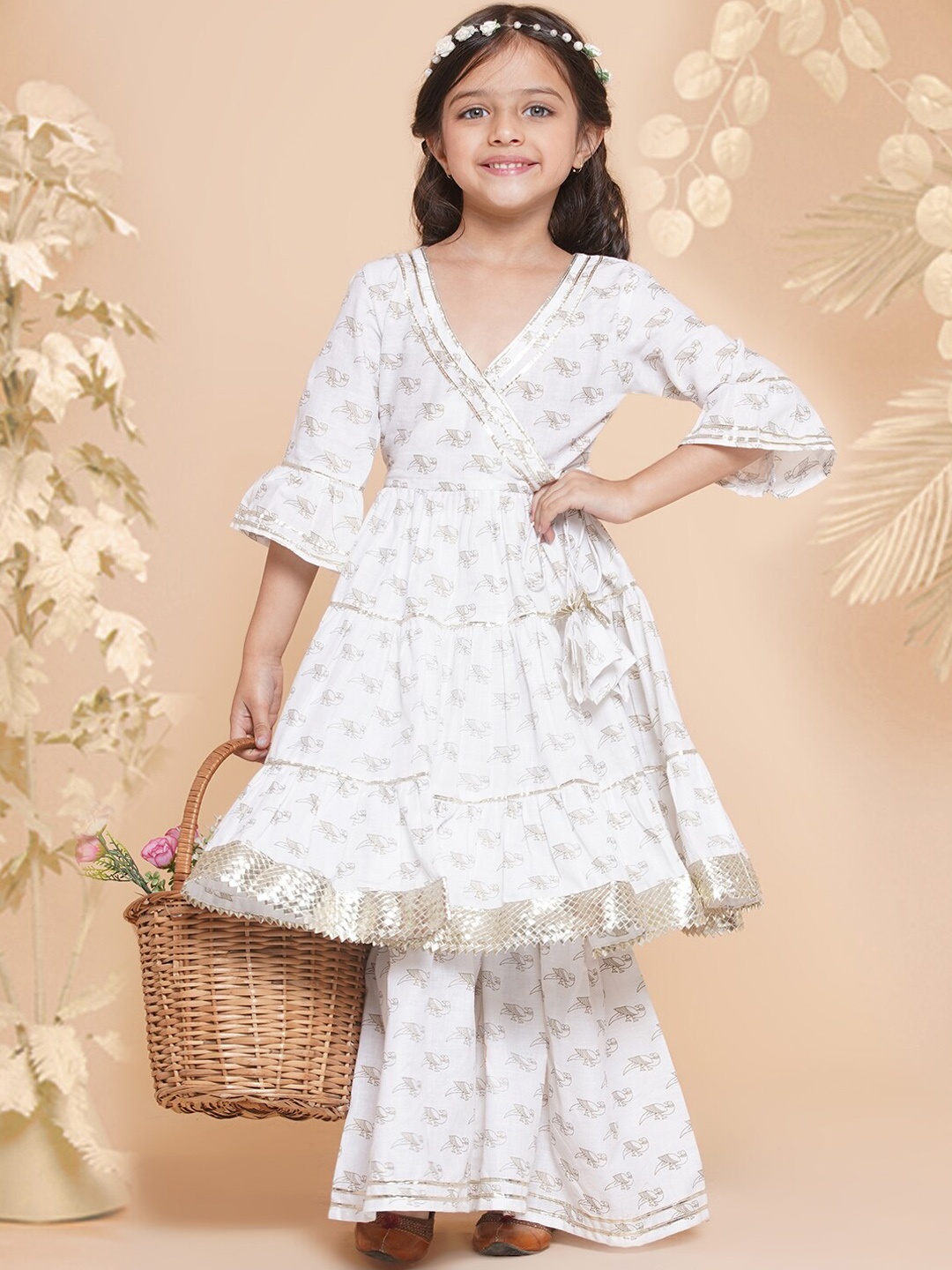 

Bitiya by Bhama Girls Ethnic Motifs Printed Tiered Pure Cotton Kurta with Sharara, Off white