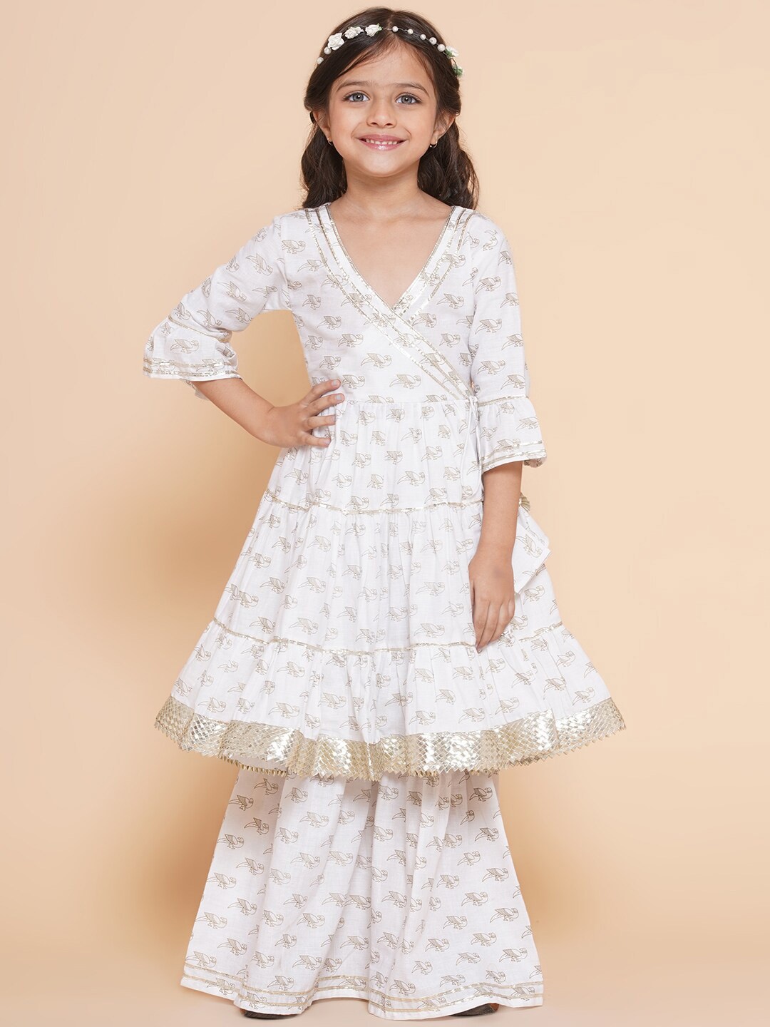 

Bitiya by Bhama Girls Ethnic Motifs Printed Angrakha Pure Cotton Kurta with Sharara, Off white