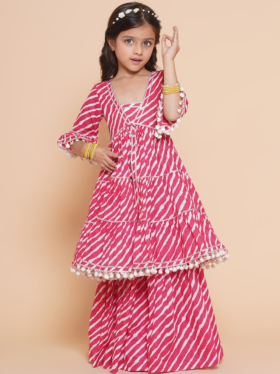 

Bitiya by Bhama Girls Leheriya Printed Tiered Pure Cotton Kurta with Sharara, Pink