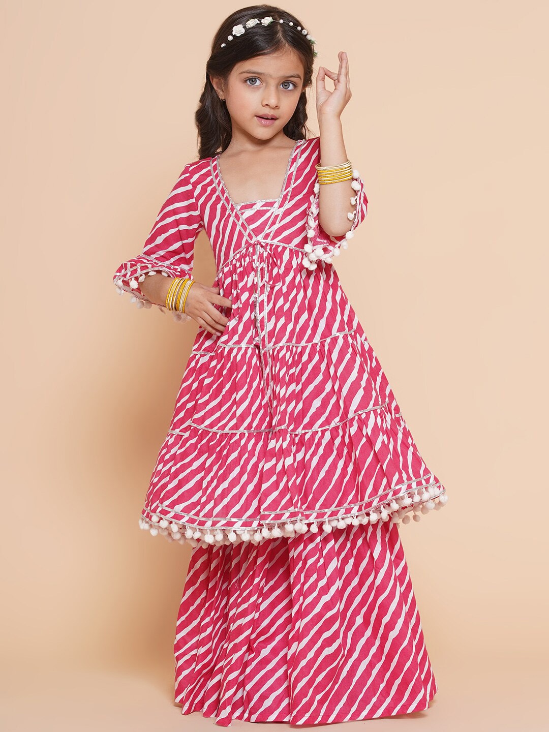 

Bitiya by Bhama Girls Leheriya Printed Tiered Pure Cotton Kurta with Sharara, Pink