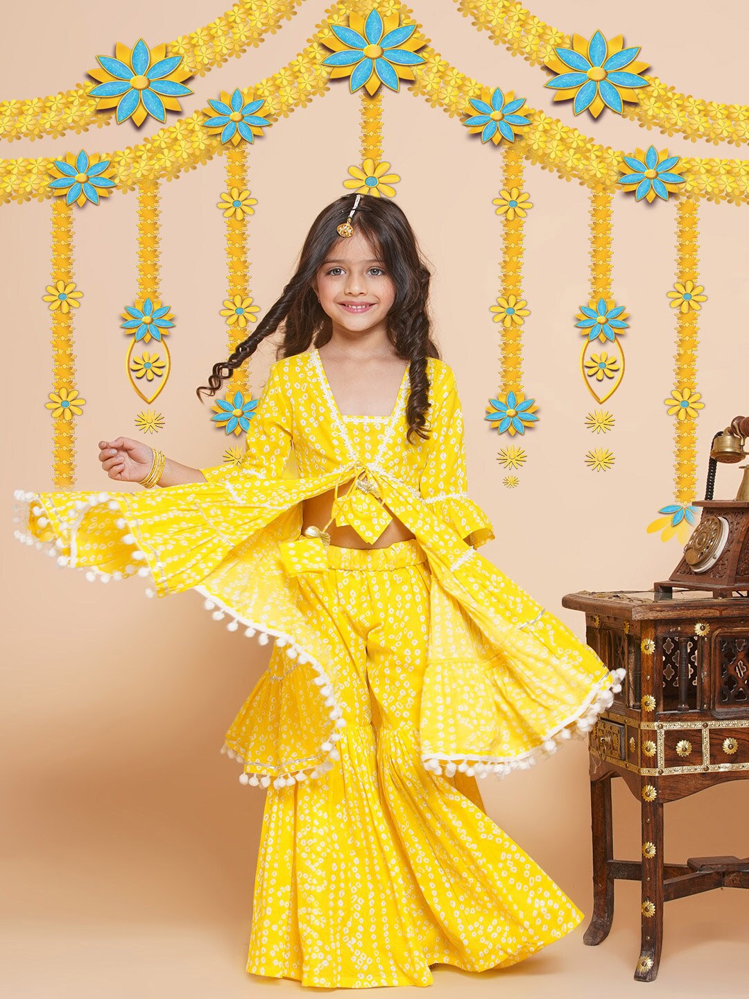 

Bitiya by Bhama Girls Bandhani Printed Tiered Pure Cotton Kurta with Sharara, Yellow
